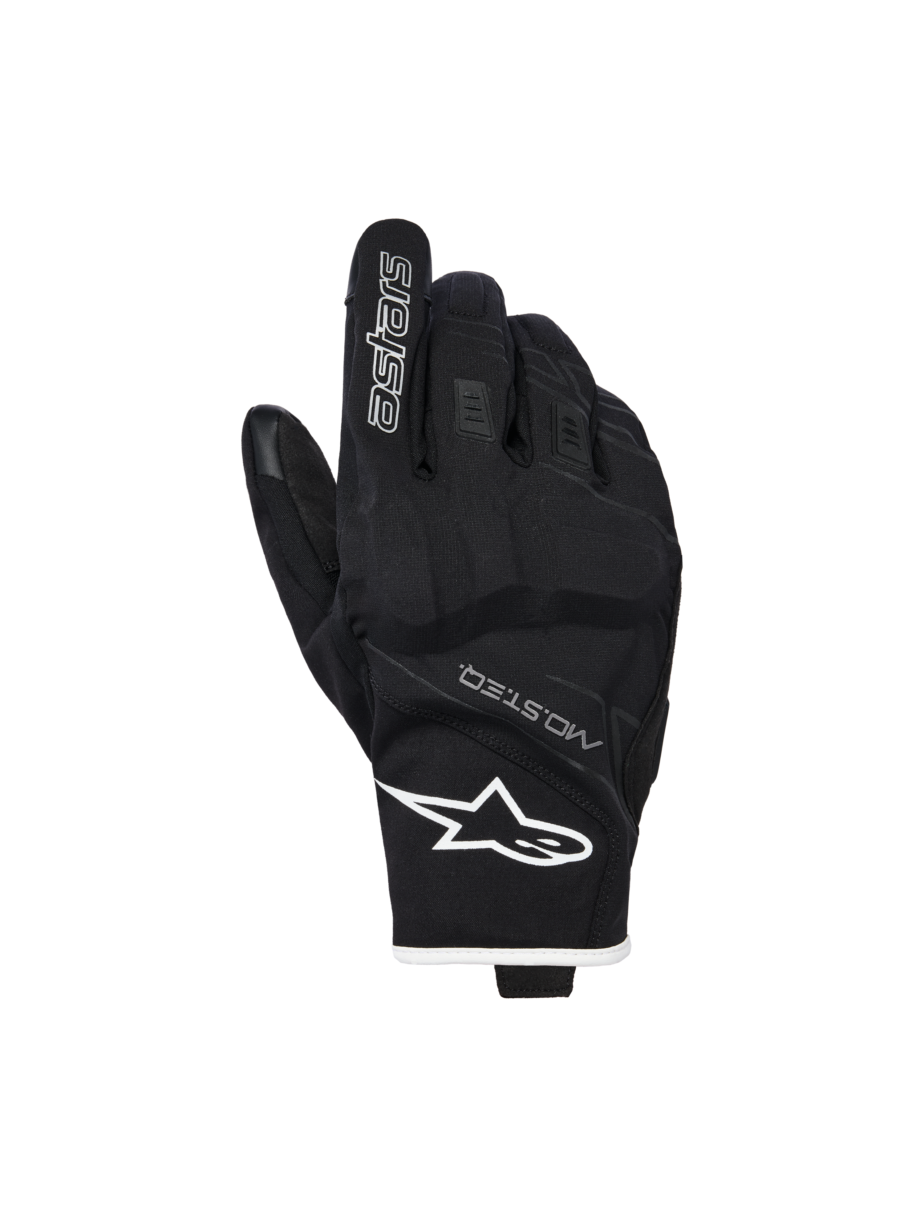 Alpinestars Moblast Waterproof Gloves, motorhandschoenen, zwart en wit, bovenzijde met wit sterlogo op de pols en 'astars' logo op de wijsvinger, voorzien van MO.ST.EQ. tekst en getextureerd stretchmateriaal met versterkte knokkels, kort manchetontwerp