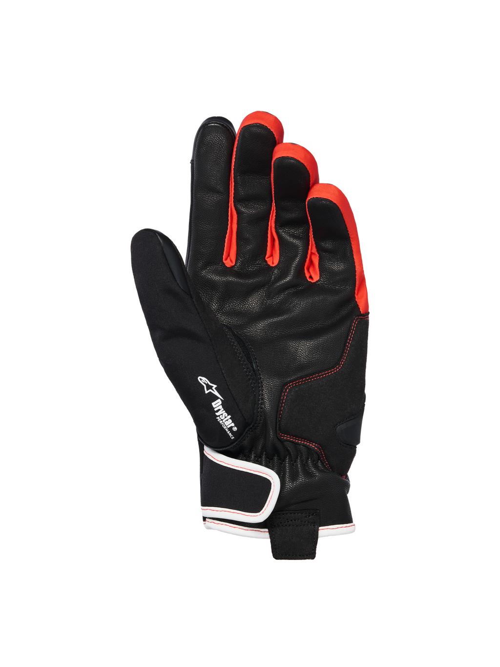Alpinestars Moblast Waterproof Gloves, Black Anthracite Orange, palm view showing goat leather construction, featuring Drystar logo, vibrant orange accents between fingers, and short-cuff design with white-trimmed wrist closure
