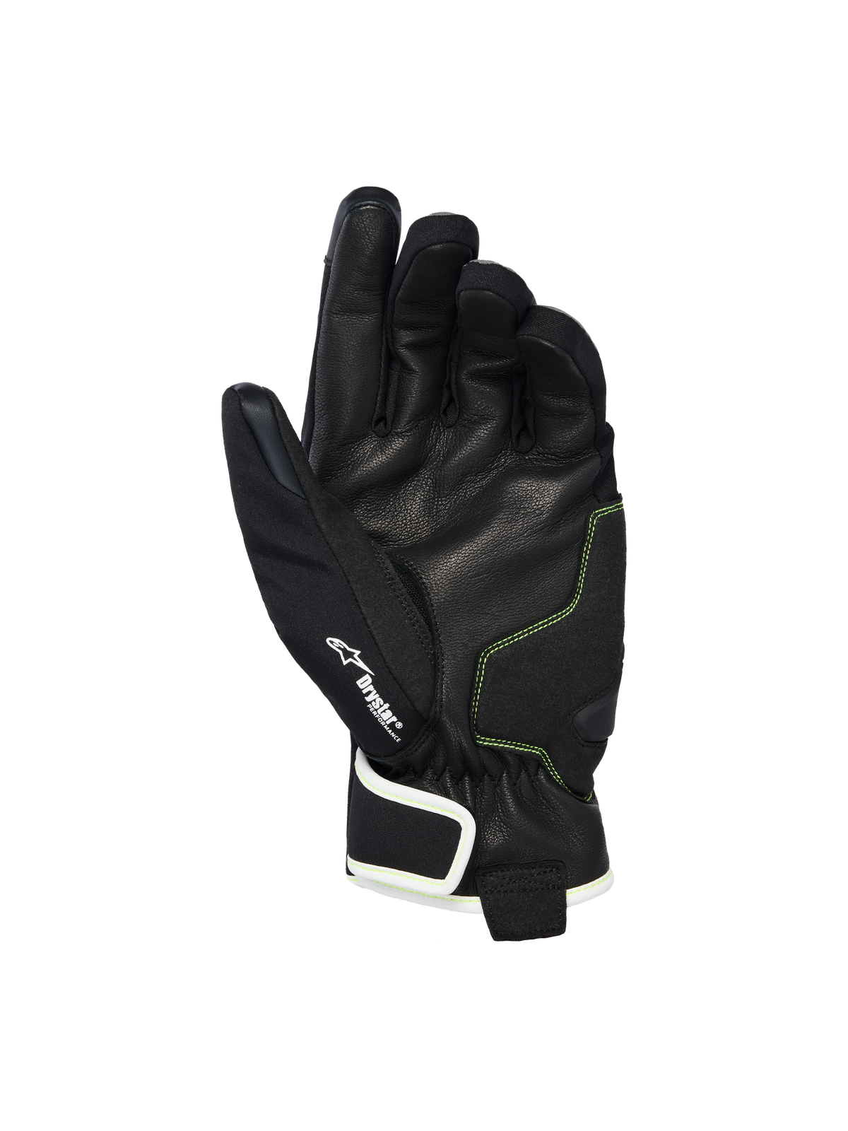 Alpinestars Moblast Waterproof Gloves, handpalmzicht in zwart geitenleer met Sulphur Yellow stiksels, Drystar®-logo detail, motorhandschoenen met korte manchet voor stadsritten in alle weersomstandigheden