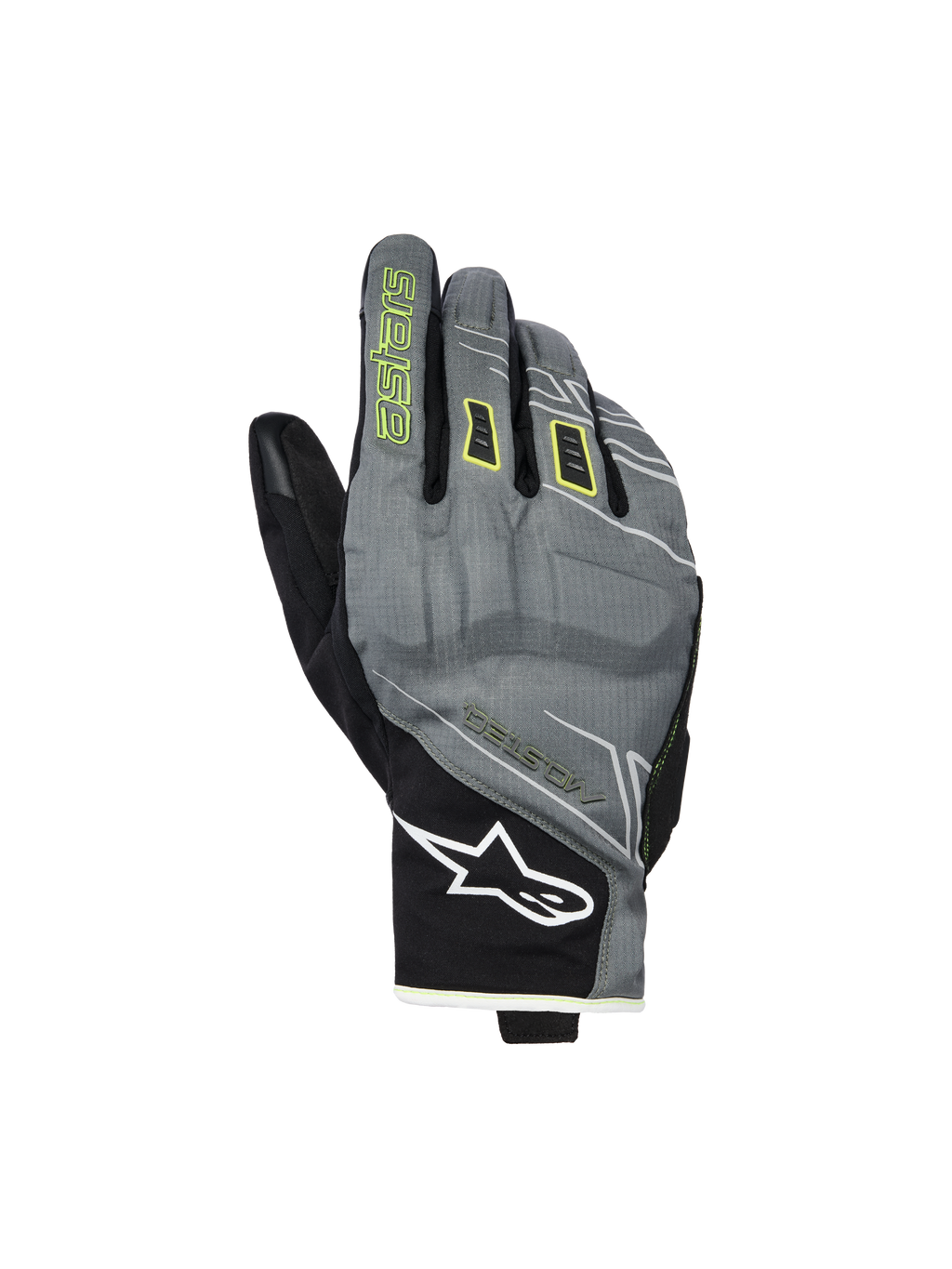 Alpinestars Moblast waterdichte handschoenen, motorhandschoenen, Fur Gray en zwart met Sulphur Yellow accenten, kort-manchet urban design, wit Astar-logo op de pols, neongele branding op de wijsvinger, waterdichte Drystar-prestaties voor woon-werkverkeer in het tussenseizoen