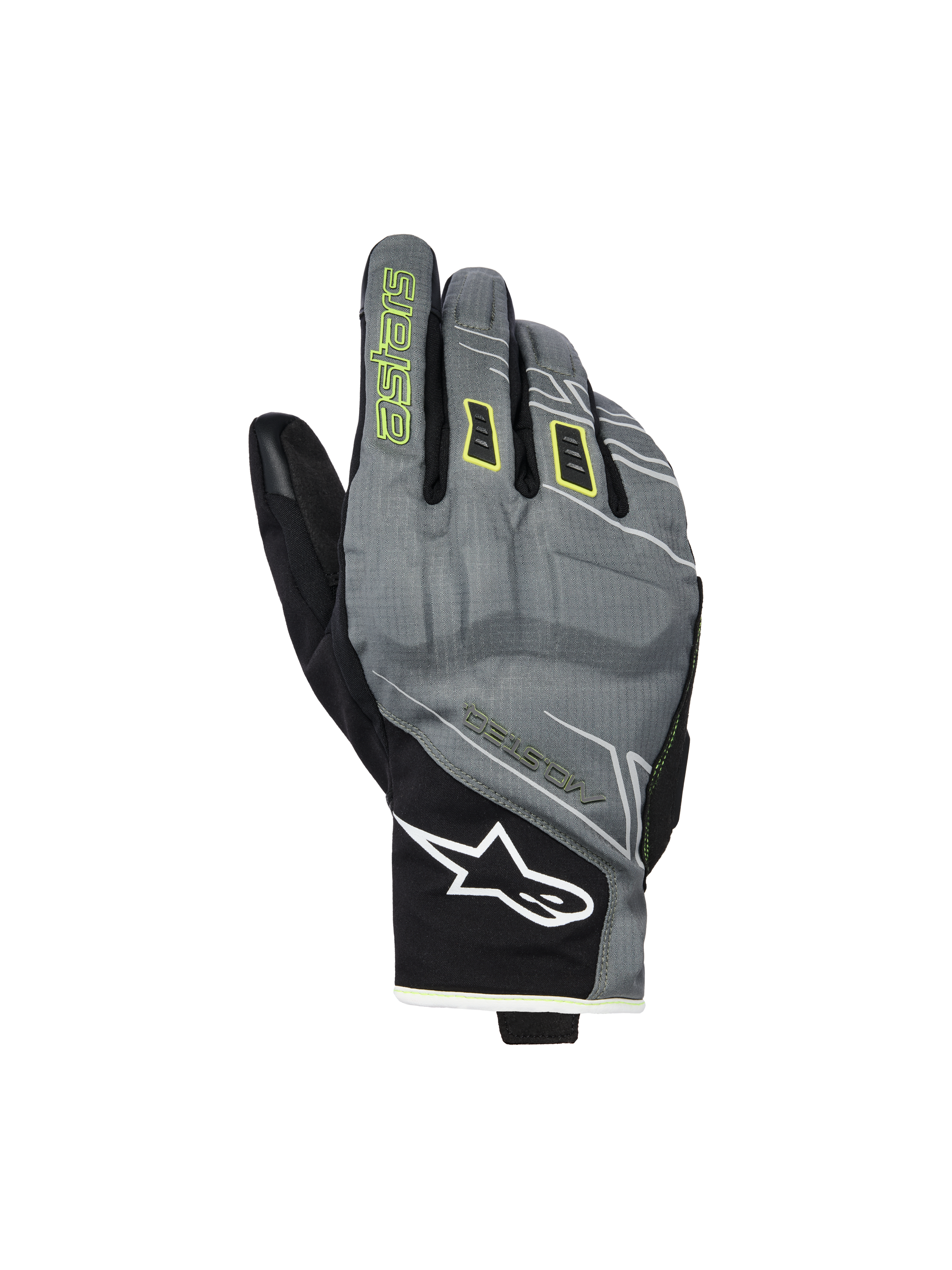 Alpinestars Moblast waterdichte handschoenen, motorhandschoenen, Fur Gray en zwart met Sulphur Yellow accenten, kort-manchet urban design, wit Astar-logo op de pols, neongele branding op de wijsvinger, waterdichte Drystar-prestaties voor woon-werkverkeer in het tussenseizoen