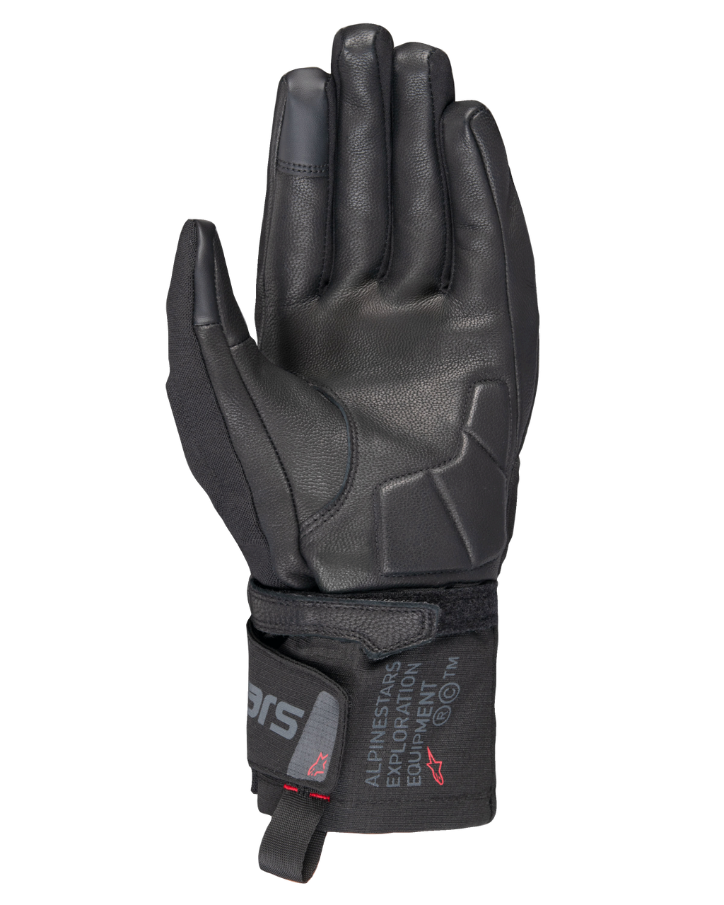 Alpinestars WT-3 Drystar® geïsoleerde handschoenen, zwarte motorhandschoenen, aanzicht van de handpalm met leren versteviging en gewatteerde palm, middellange manchet met Alpinestars Exploration Equipment-branding, touchscreen-compatibele vingertoppen, duurzame touring-bescherming voor alle weersomstandigheden.