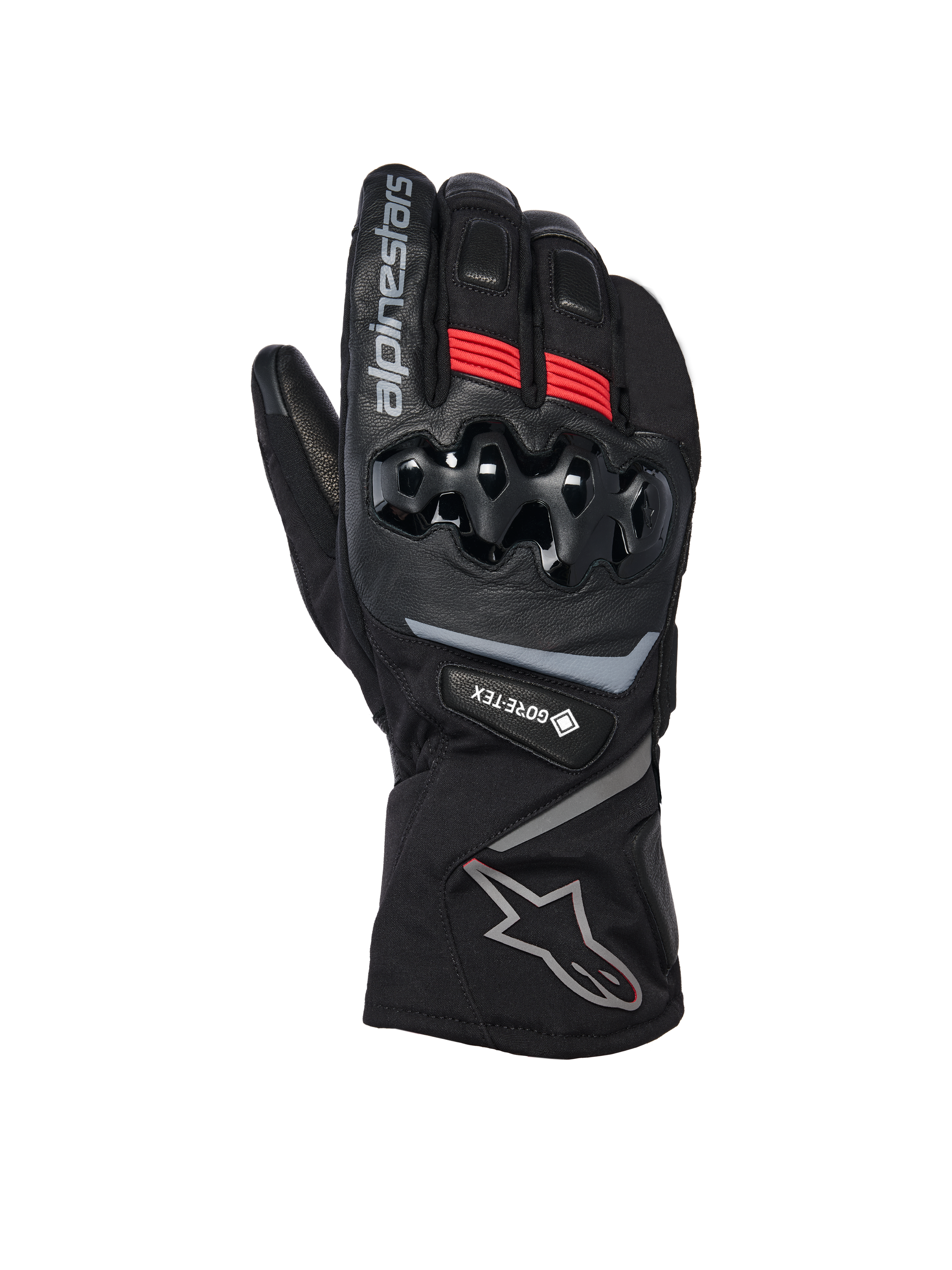 Alpinestars WT-8 GORE-TEX geïsoleerde handschoenen, motorwinterhandschoenen, zwart met rode accenten en zilveren logo's, harde TPU-knokkelbescherming, lange manchet, GORE-TEX waterdichtheid voor rijden in koud weer