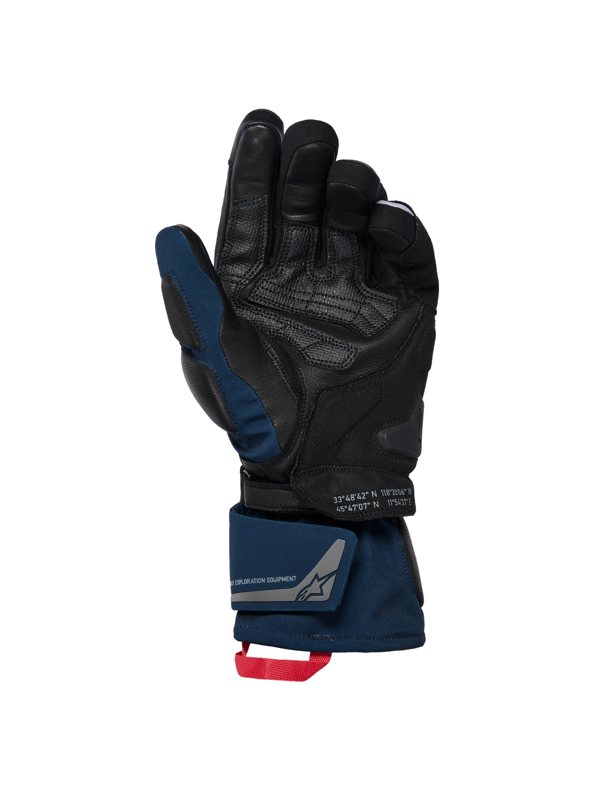 Alpinestars WT-8 GORE-TEX Geïsoleerde Handschoenen, zwart en donkerblauw, palmzicht met lederen verstevigingen en gewatteerde slider, ontwerp met lange manchet, dubbele polssluiting en rode treklus, voorzien van coördinatendetails en 'exploration equipment' branding.