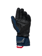 Alpinestars WT-8 GORE-TEX Geïsoleerde Handschoenen, zwart en donkerblauw, palmzicht met lederen verstevigingen en gewatteerde slider, ontwerp met lange manchet, dubbele polssluiting en rode treklus, voorzien van coördinatendetails en 'exploration equipment' branding.
