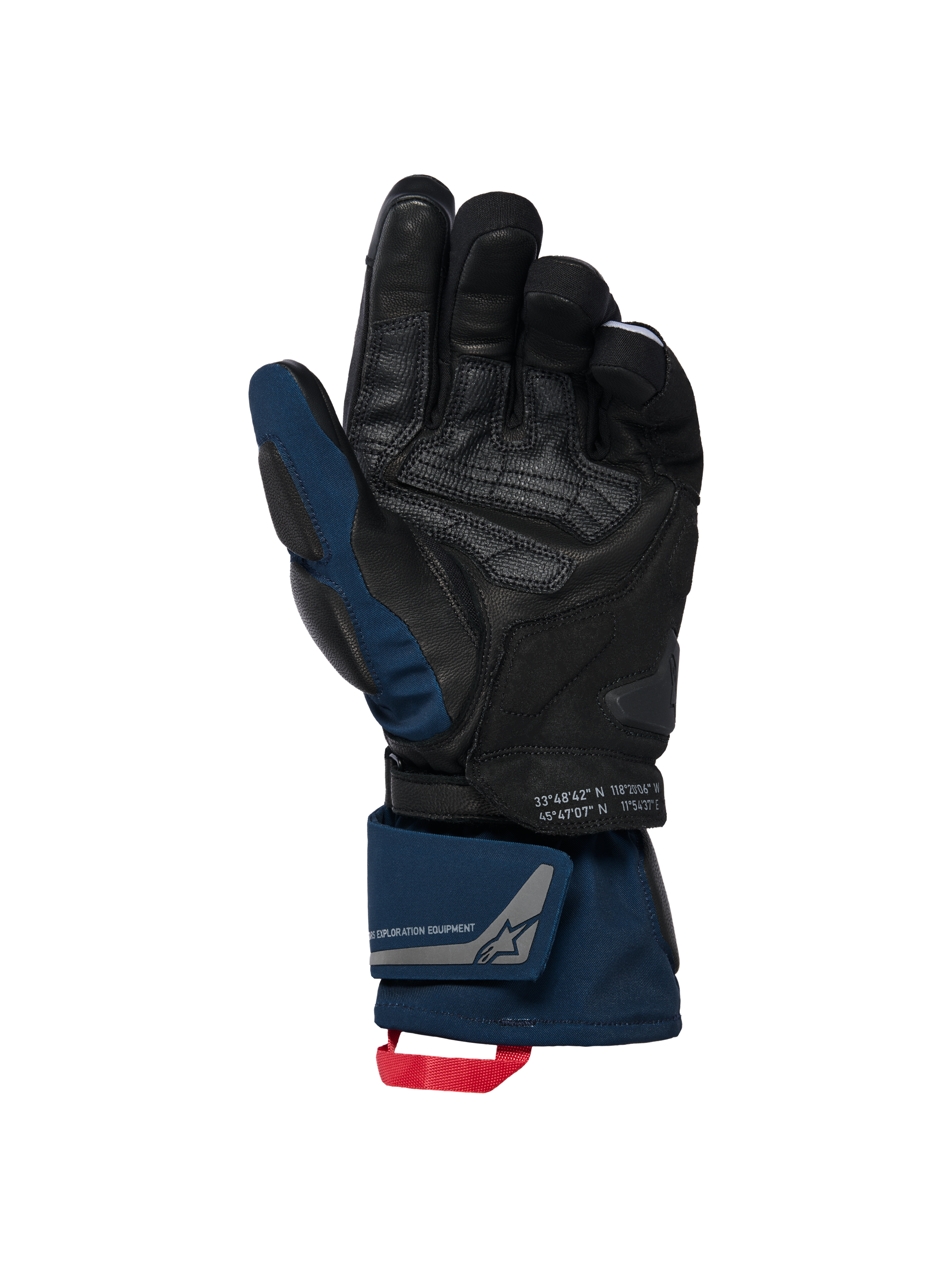Alpinestars WT-8 GORE-TEX Geïsoleerde Handschoenen, zwart en donkerblauw, palmzicht met lederen verstevigingen en gewatteerde slider, ontwerp met lange manchet, dubbele polssluiting en rode treklus, voorzien van coördinatendetails en 'exploration equipment' branding.