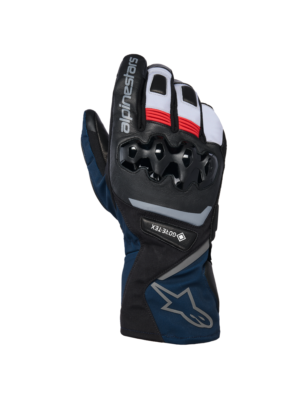 Alpinestars WT-8 GORE-TEX Geïsoleerde Handschoenen, motor-winterhandschoenen, zwart en donkerblauw met rode en witte accenten, harde TPU-knokkelbescherming, GORE-TEX-branding, ontwerp met lange manchet