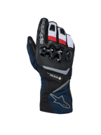 Alpinestars WT-8 GORE-TEX Geïsoleerde Handschoenen, motor-winterhandschoenen, zwart en donkerblauw met rode en witte accenten, harde TPU-knokkelbescherming, GORE-TEX-branding, ontwerp met lange manchet