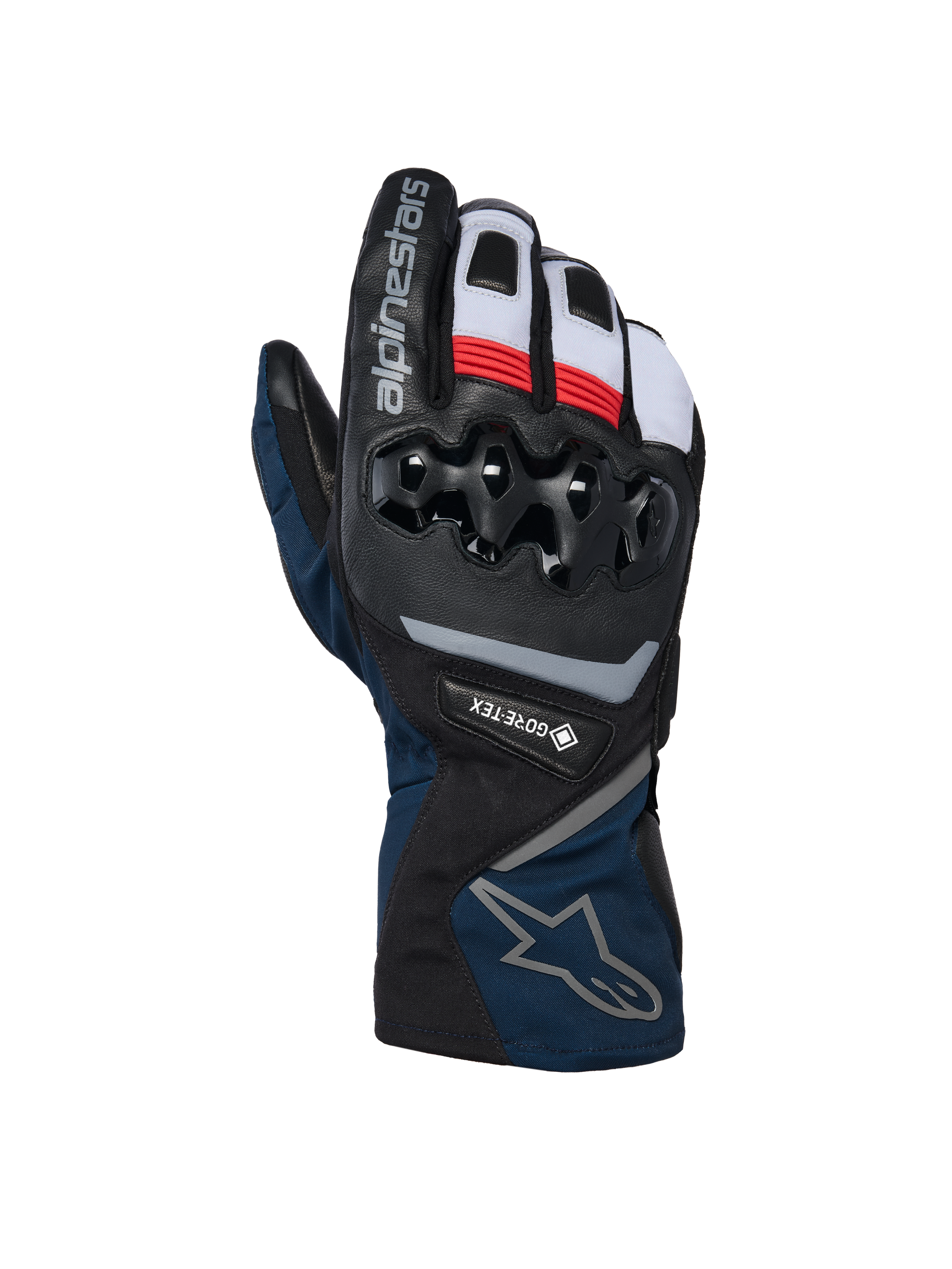 Alpinestars WT-8 GORE-TEX Geïsoleerde Handschoenen, motor-winterhandschoenen, zwart en donkerblauw met rode en witte accenten, harde TPU-knokkelbescherming, GORE-TEX-branding, ontwerp met lange manchet