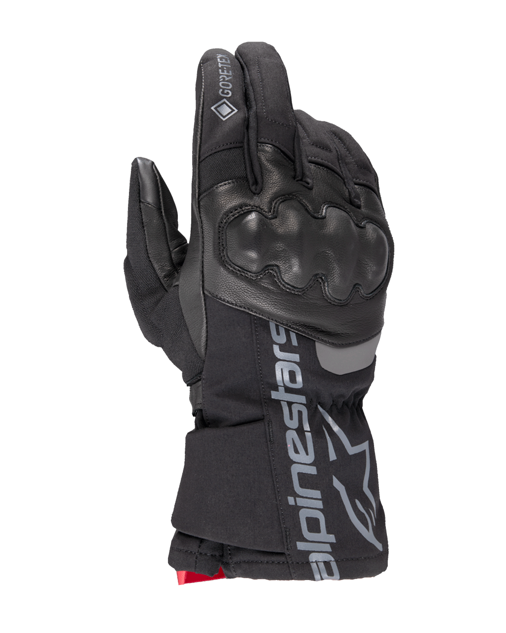 Alpinestars WT-4 Gore-Tex geïsoleerde handschoen, zwarte motorhandschoen, harde knokkelbescherming, constructie van leer en textiel, GORE-TEX waterdichte technologie, zilveren Alpinestars-logo en woordmerk op de manchet, rood accent bij de pols, winter motorhandschoen