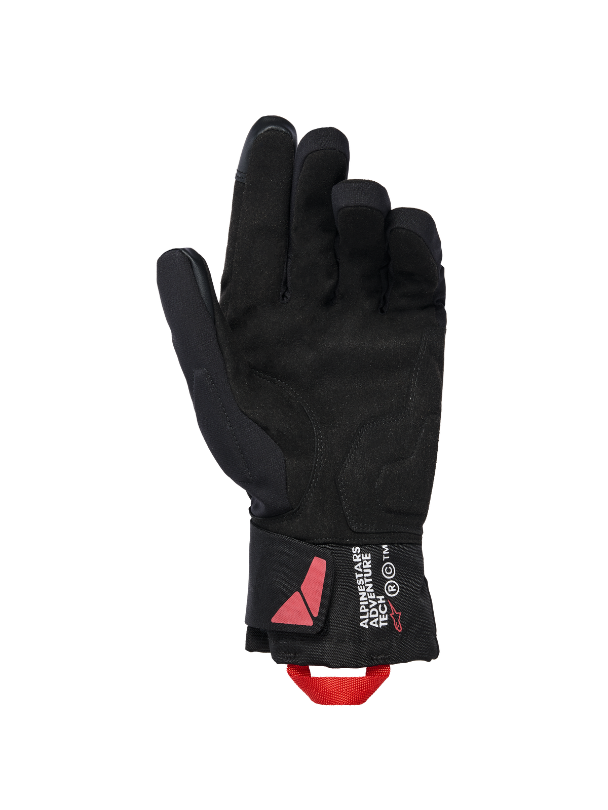 Alpinestars XT-3 Drystar® Geïsoleerde Handschoenen, zwarte motorhandschoenen, handpalmaanzicht met suède materiaal en rode aantreklus, Alpinestars Adventure Tech branding op de manchet, waterdichte winteruitrusting