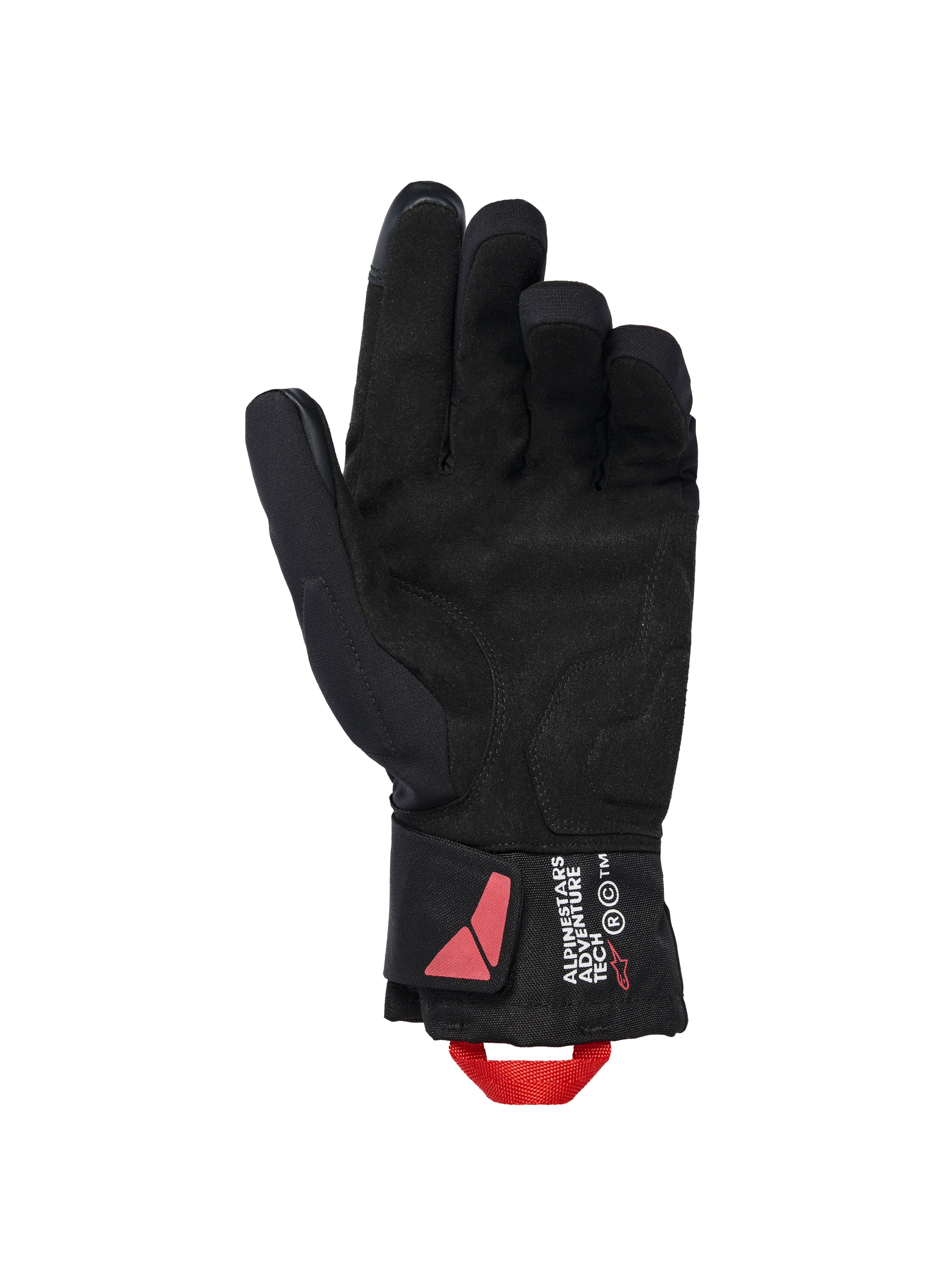 Alpinestars XT-3 Drystar® Insulated Gloves, Black Motorcycle Gloves, palm side view featuring suede material and red pull loop, Alpinestars Adventure Tech branding on the cuff, waterproof winter riding gear