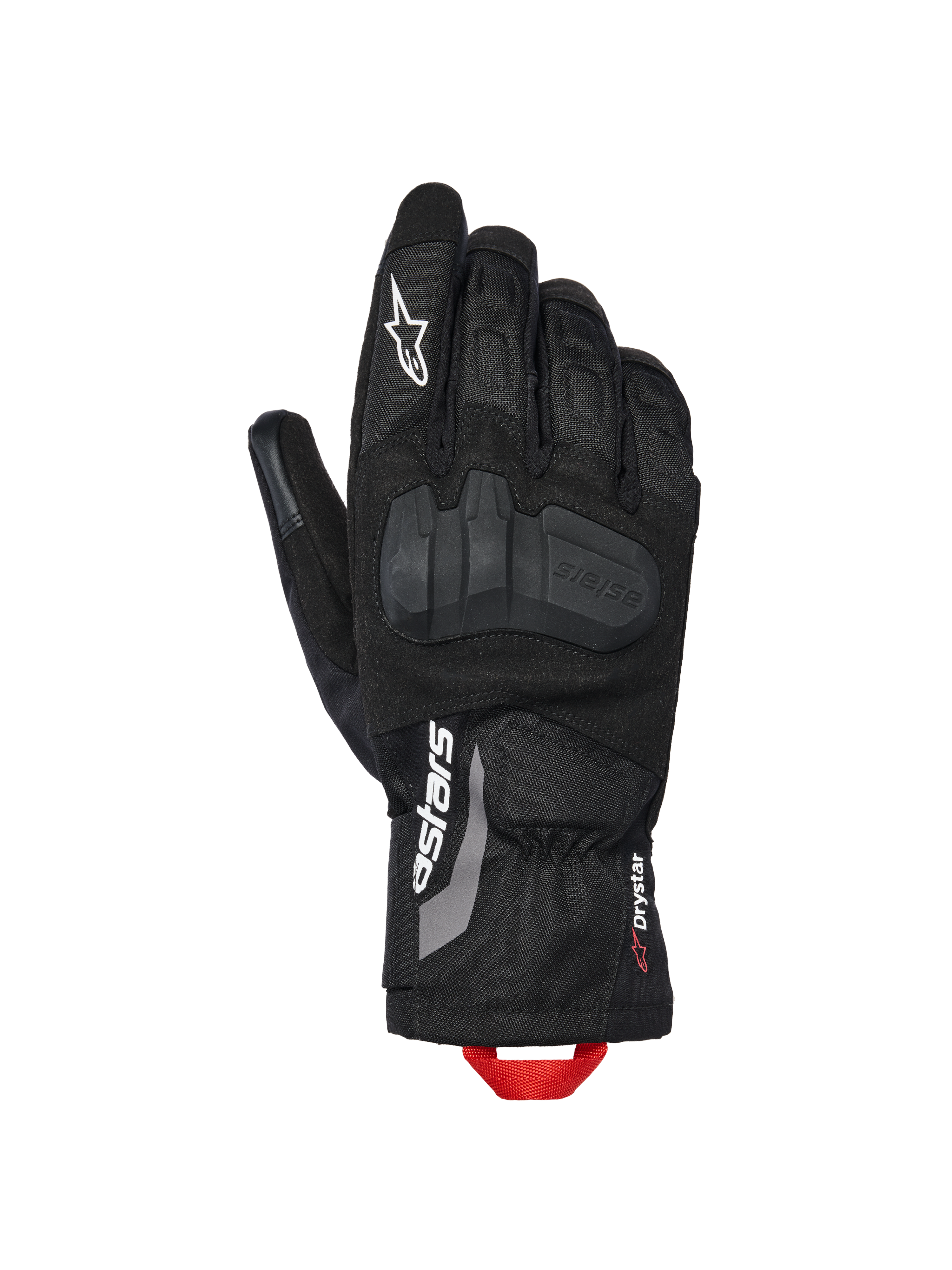 Alpinestars XT-3 Drystar® geïsoleerde handschoenen, adventure motorhandschoenen, zwart met witte branding en rode aantreklus, voorzien van geïntegreerde knokkelbescherming, textiel- en suède constructie, middellange manchet