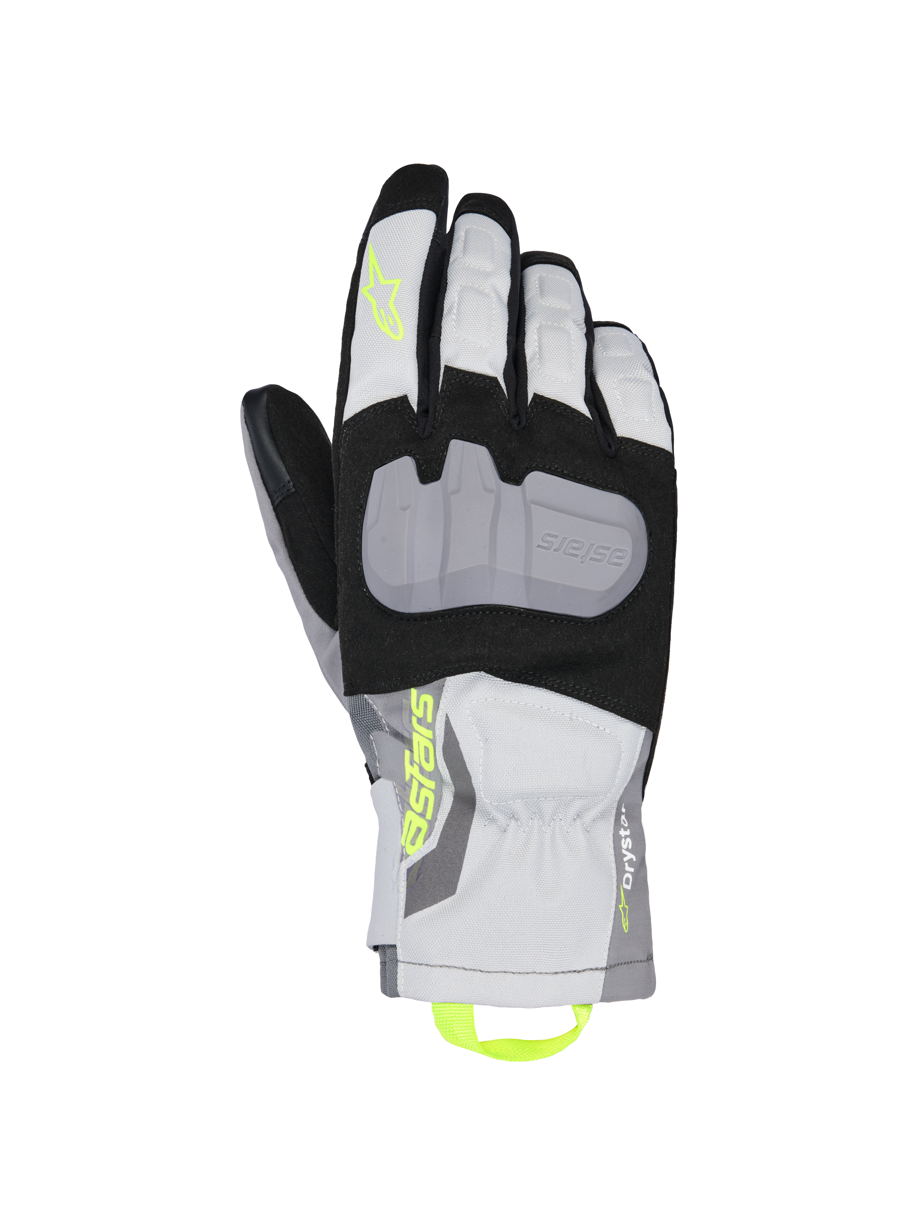 Alpinestars XT-3 Drystar geïsoleerde handschoenen, touring motorhandschoenen, zwart, grijs en wit, met een grote grijze beschermende knokkelplaat, neongeel Astars-logo en aantreklus, waterdichte textielconstructie met middellange manchet.
