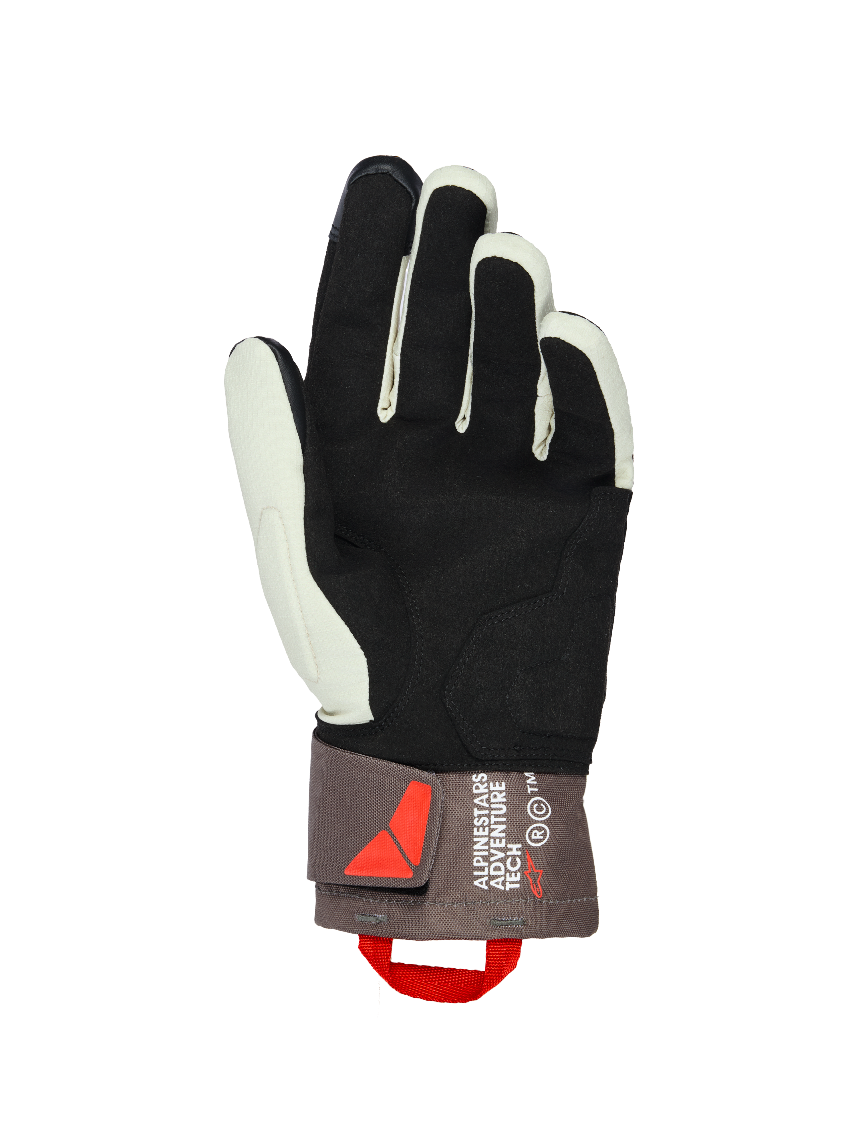 Alpinestars XT-3 Drystar® Insulated Gloves, palm view, Dark Brown Sand and Black, featuring soft suede palm for grip, mid-length cuff with Alpinestars Adventure Tech branding, red pull loop and velcro closure, adventure motorcycle gear