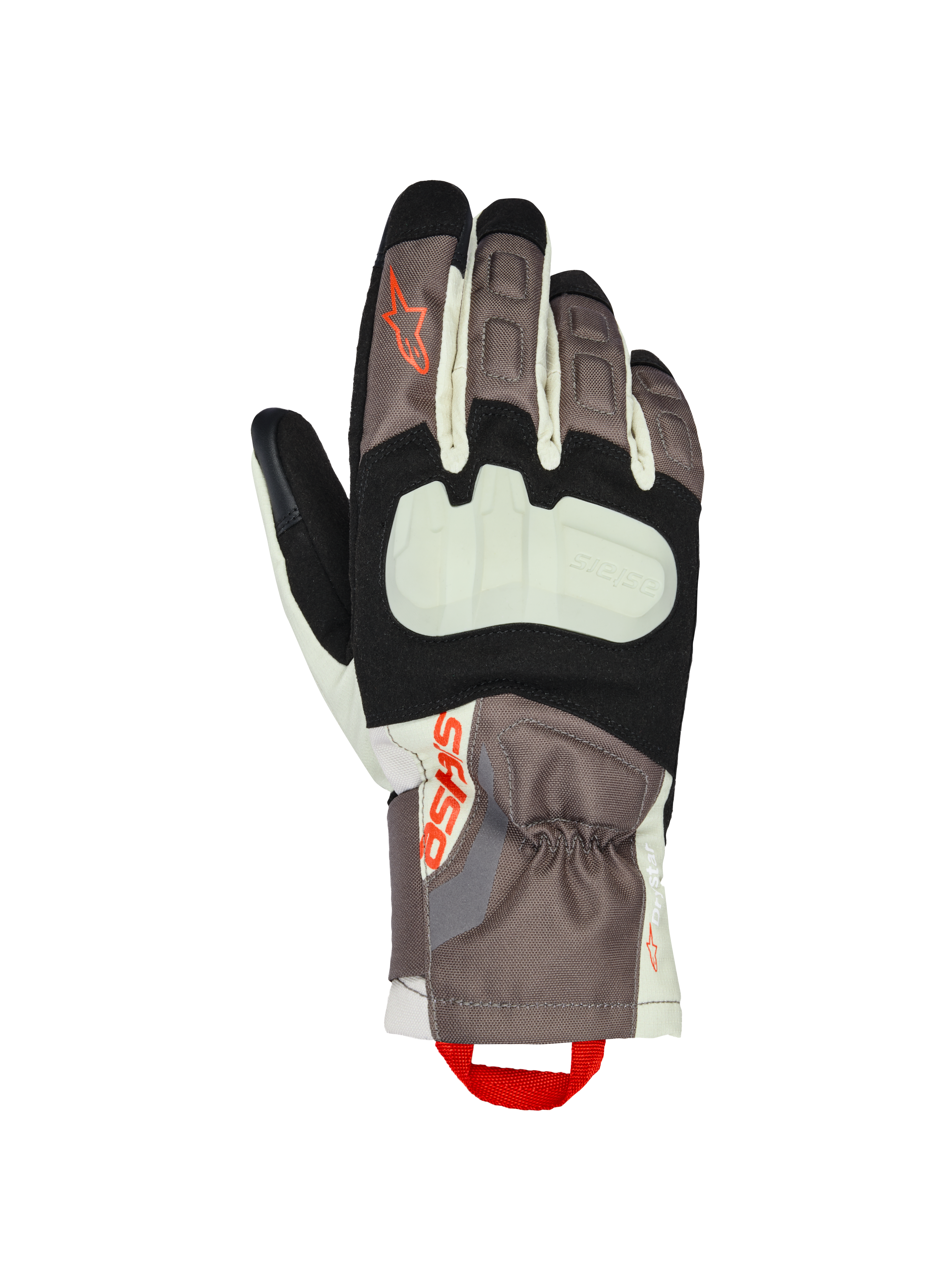 Alpinestars XT-3 Drystar® geïsoleerde handschoenen, motorhandschoenen, donkerbruin, zand en zwart met oranje accenten, voorzien van een zichtbare knokkelbeschermer, middelhoge manchet, duurzame textielconstructie en Alpinestars-logo met een rode treklus.