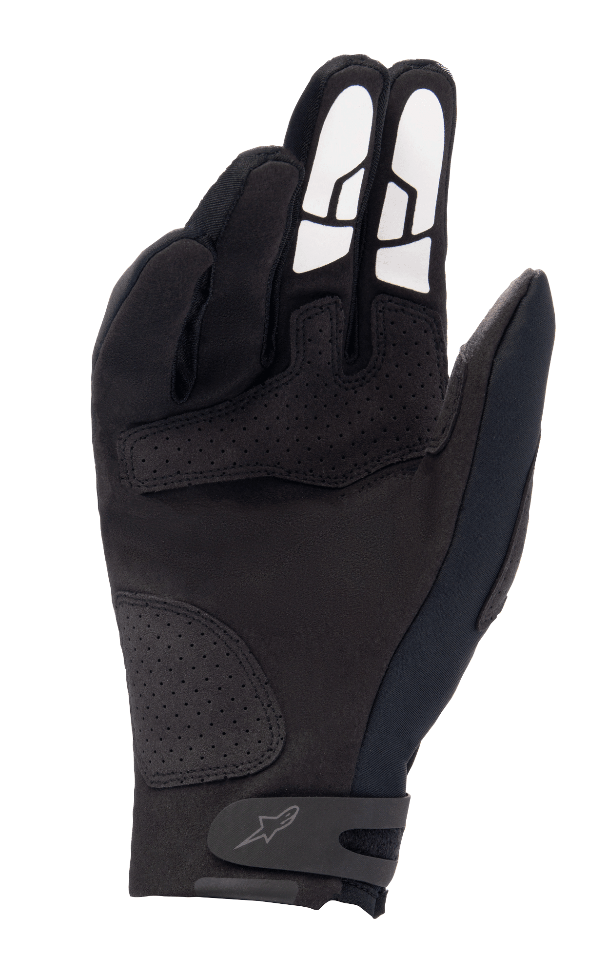 Alpinestars Thermo Shielder handschoenen, zwarte motorcross handschoenen, binnenzijde handpalm toont synthetisch suède constructie, geperforeerde verstevigingsstukken, witte siliconen grippatronen op de vingers en een stevige polssluiting met logo.