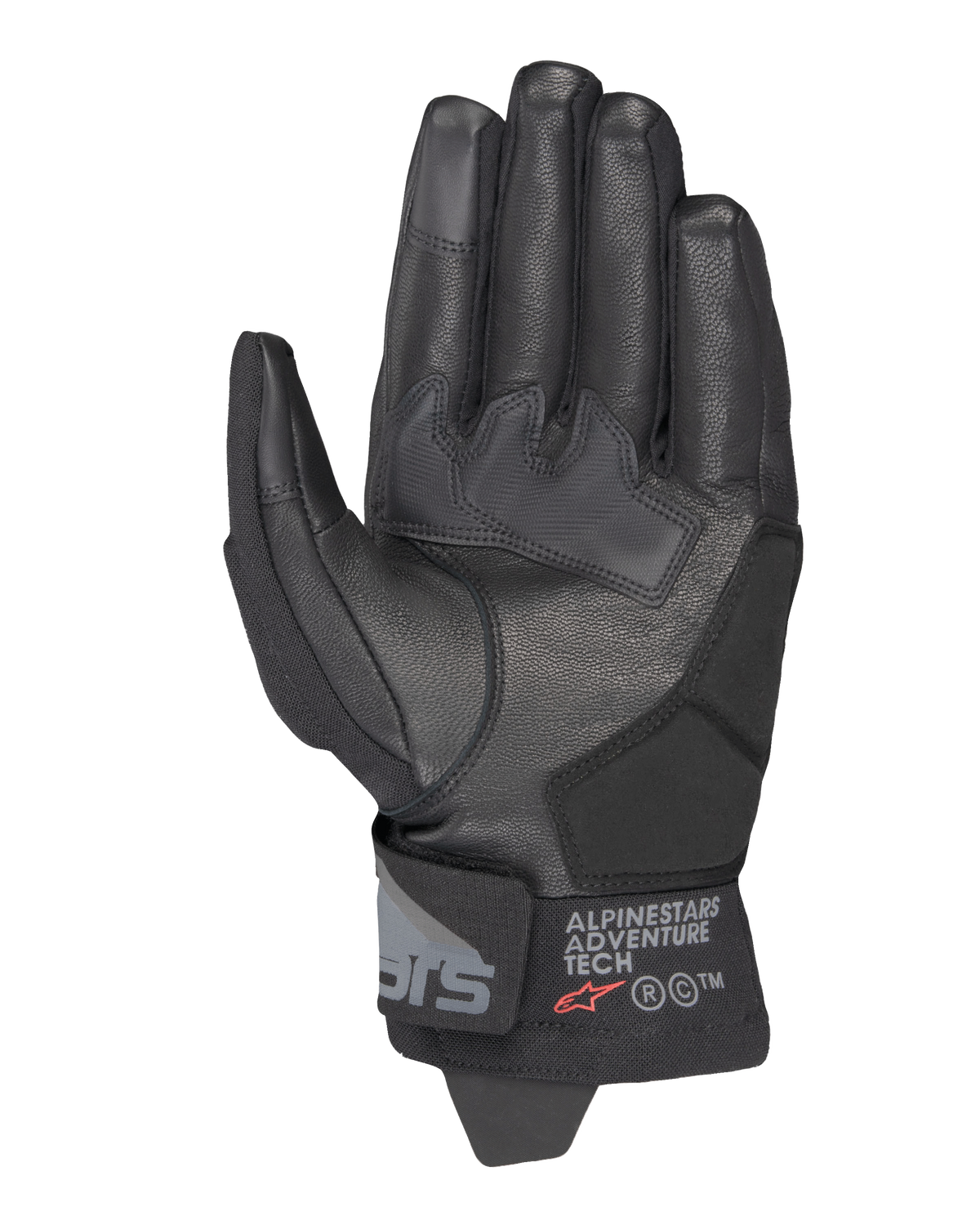 Alpinestars Corozal V3 Drystar® handschoenen, zwart, zicht op de handpalm met leren constructie en verstevigde panelen, korte manchet met Alpinestars Adventure Tech-branding, touchscreen-compatibele vingertoppen, duurzame all-weather adventure motoruitrusting