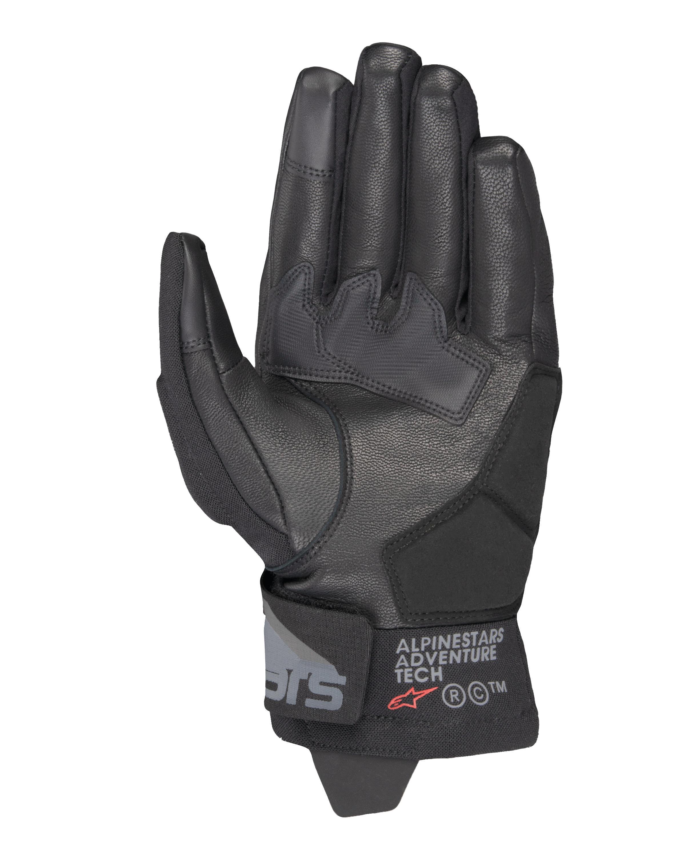 Alpinestars Corozal V3 Drystar® handschoenen, zwart, zicht op de handpalm met leren constructie en verstevigde panelen, korte manchet met Alpinestars Adventure Tech-branding, touchscreen-compatibele vingertoppen, duurzame all-weather adventure motoruitrusting
