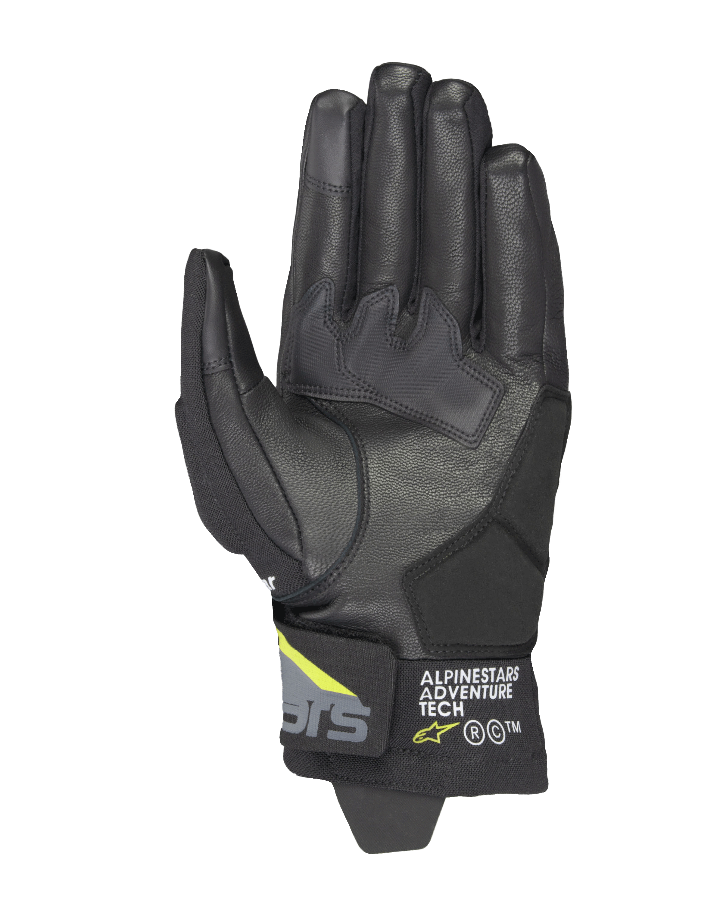Alpinestars Corozal V3 Drystar®-handschoenen, Black Deep Gray en Yellow Fluo, handpalm-aanzicht met een lederen constructie met synthetische versterkingen, touchscreen-compatibele vingertoppen en Alpinestars Adventure Tech-branding op de korte manchet.