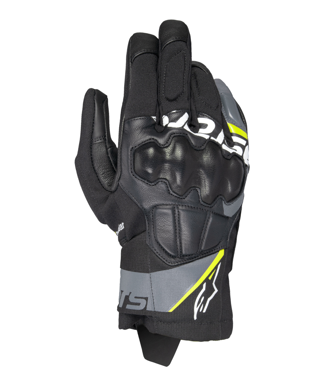Alpinestars Corozal V3 Drystar motorhandschoenen, adventure motorhandschoenen, zwart met diepgrijze en fluorgele accenten, constructie van leer en textiel met gegoten knokkelbescherming, kort manchet, waterdicht en ademend voor alle weersomstandigheden