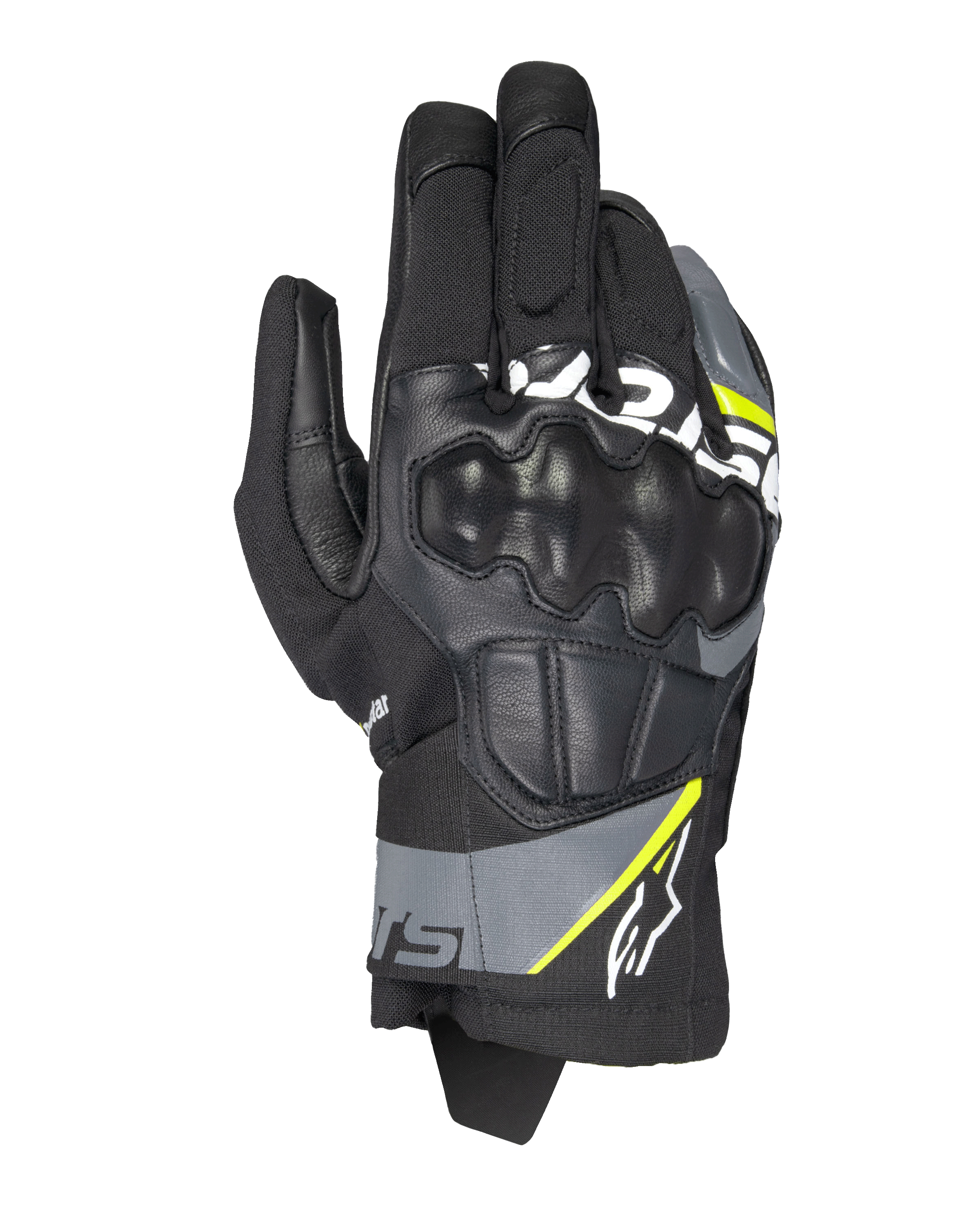 Alpinestars Corozal V3 Drystar motorhandschoenen, adventure motorhandschoenen, zwart met diepgrijze en fluorgele accenten, constructie van leer en textiel met gegoten knokkelbescherming, kort manchet, waterdicht en ademend voor alle weersomstandigheden