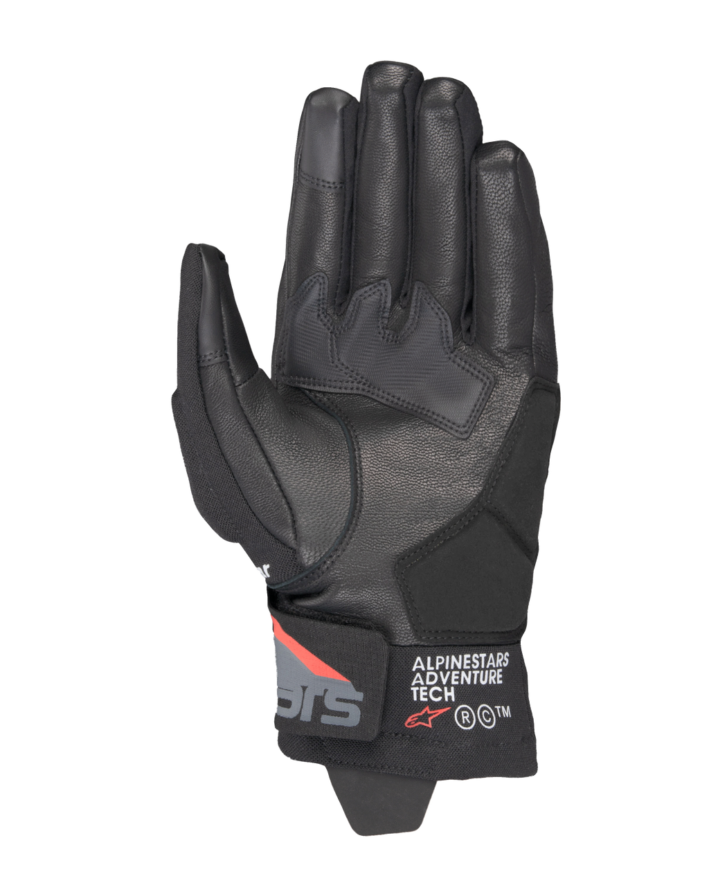 Alpinestars Corozal V3 Drystar® handschoenen, Black Deep Gray Red Fluo, handpalmweergave met leren constructie, synthetische handpalmversterkingen en korte manchet met Alpinestars Adventure Tech branding