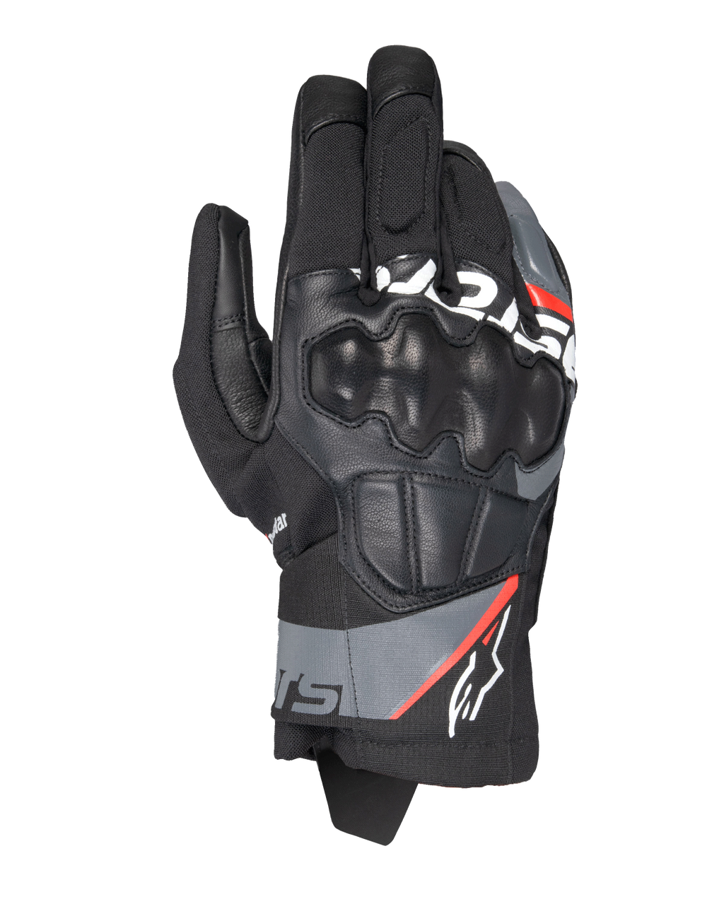 Alpinestars Corozal V3 Drystar® handschoenen, adventure motorhandschoenen, zwart met donkergrijze en fluorescerend rode accenten, bovenaanzicht met leer beklede SP-knokkelbescherming, textiel en leren chassis en kort manchetontwerp, waterdichte adventure-rijuitrusting