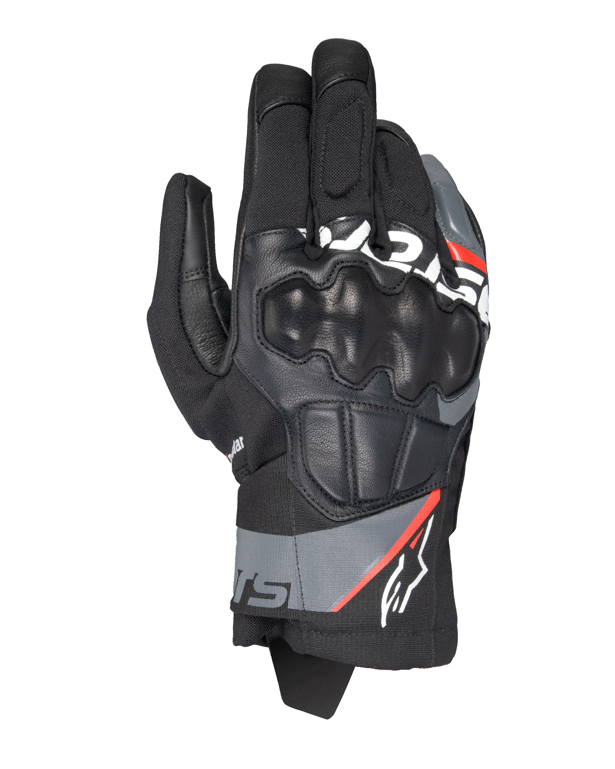 Alpinestars Corozal V3 Drystar® handschoenen, adventure motorhandschoenen, zwart met donkergrijze en fluorescerend rode accenten, bovenaanzicht met leer beklede SP-knokkelbescherming, textiel en leren chassis en kort manchetontwerp, waterdichte adventure-rijuitrusting