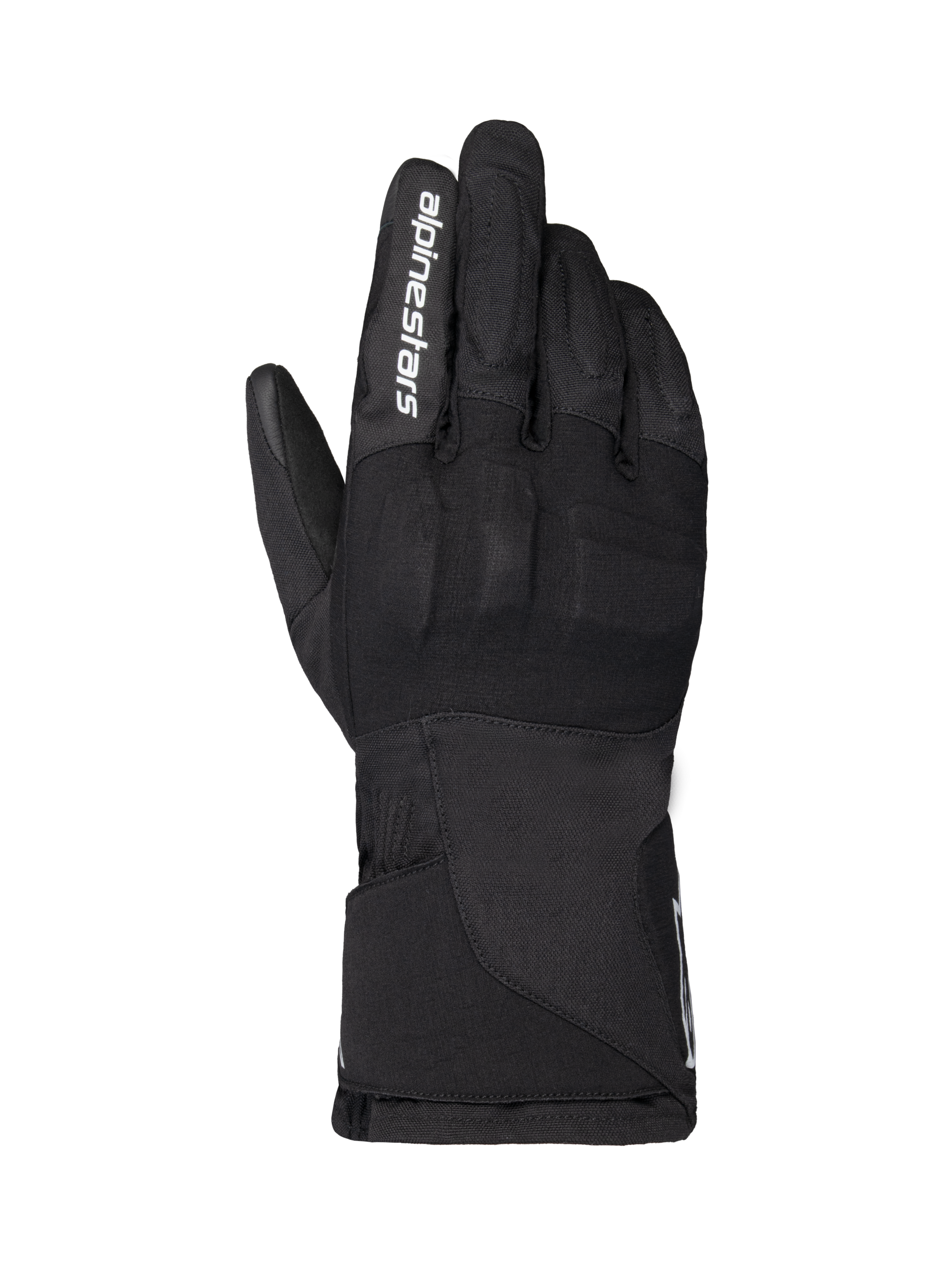Alpinestars WT-1 Drystar geïsoleerde handschoenen, motorhandschoenen, zwart, textielconstructie met geïntegreerde knokkelbescherming, witte Alpinestars-branding op de wijsvinger, lange manchet, waterdichte en thermische motoruitrusting voor weg- en adventure-gebruik
