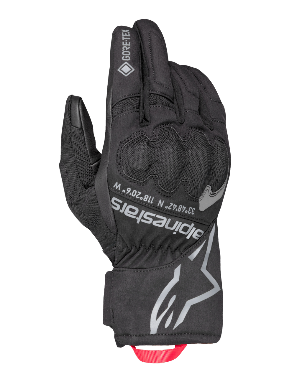 Alpinestars Crestone GORE-TEX geïsoleerde handschoenen, zwarte motor toerhandschoenen, waterdichte en ademende textielen handrug, geïntegreerde knokkelbescherming, zilveren Alpinestars-logo en coördinaten, rode treklus