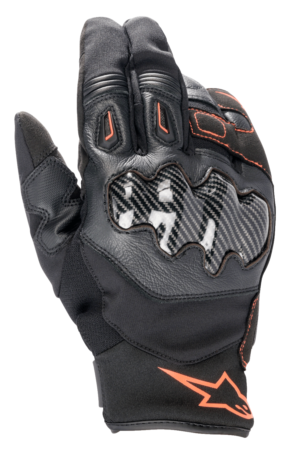Alpinestars SMX-1 Drystar® handschoenen, motorhandschoenen, zwart met fluorode accenten, voorzien van een knokkelbeschermer met carbon-effect, korte manchet, constructie van leer en textiel, waterdicht Drystar®-membraan