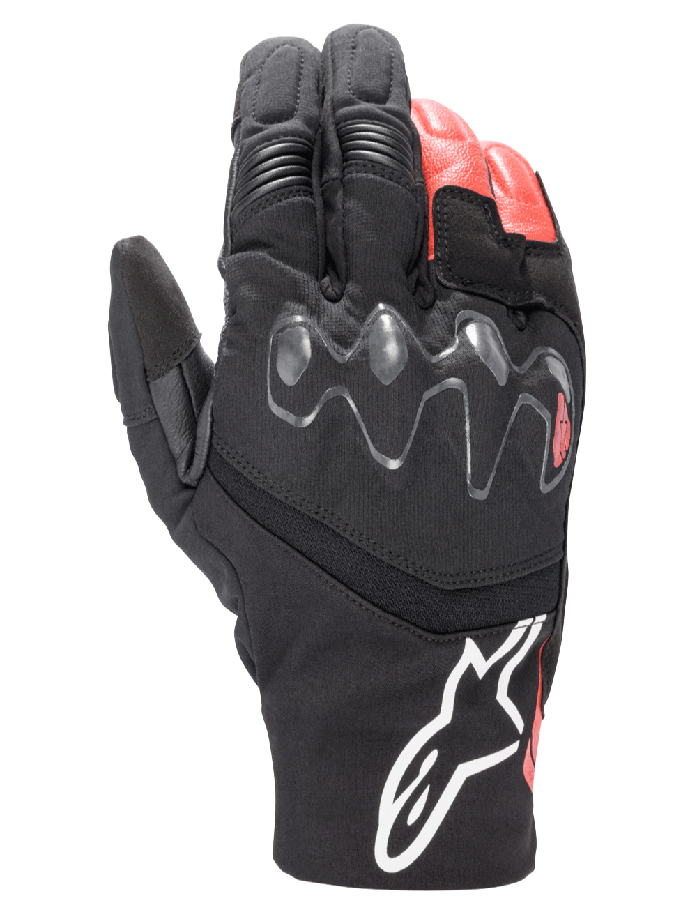Alpinestars Hyde XT Drystar® XF Gloves, Motorcycle Adventure Touring Gloves, Black and Bright Red, featuring an extended viscoelastic knuckle guard, waterproof textile and leather construction, and white Alpinestars logo on the cuff
