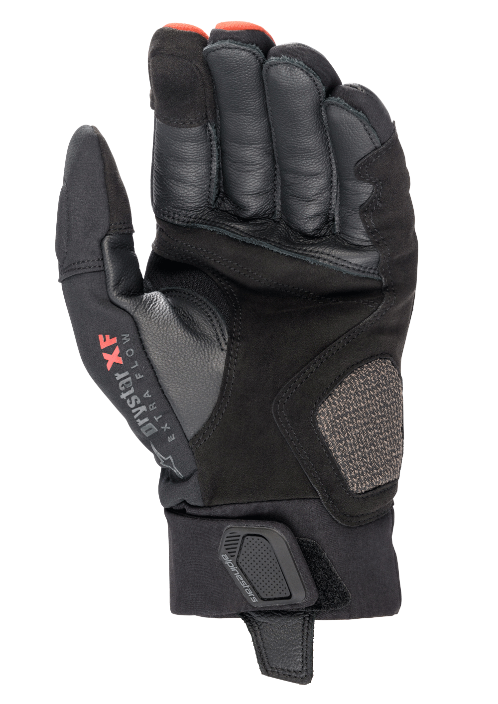 Alpinestars Hyde XT Drystar® XF handschoenen, motorhandschoenen, zwart en Fire Red, handpalmweergave met versterkte synthetische suède constructie, Drystar XF-branding op het duimgedeelte en een verstelbare polsband.