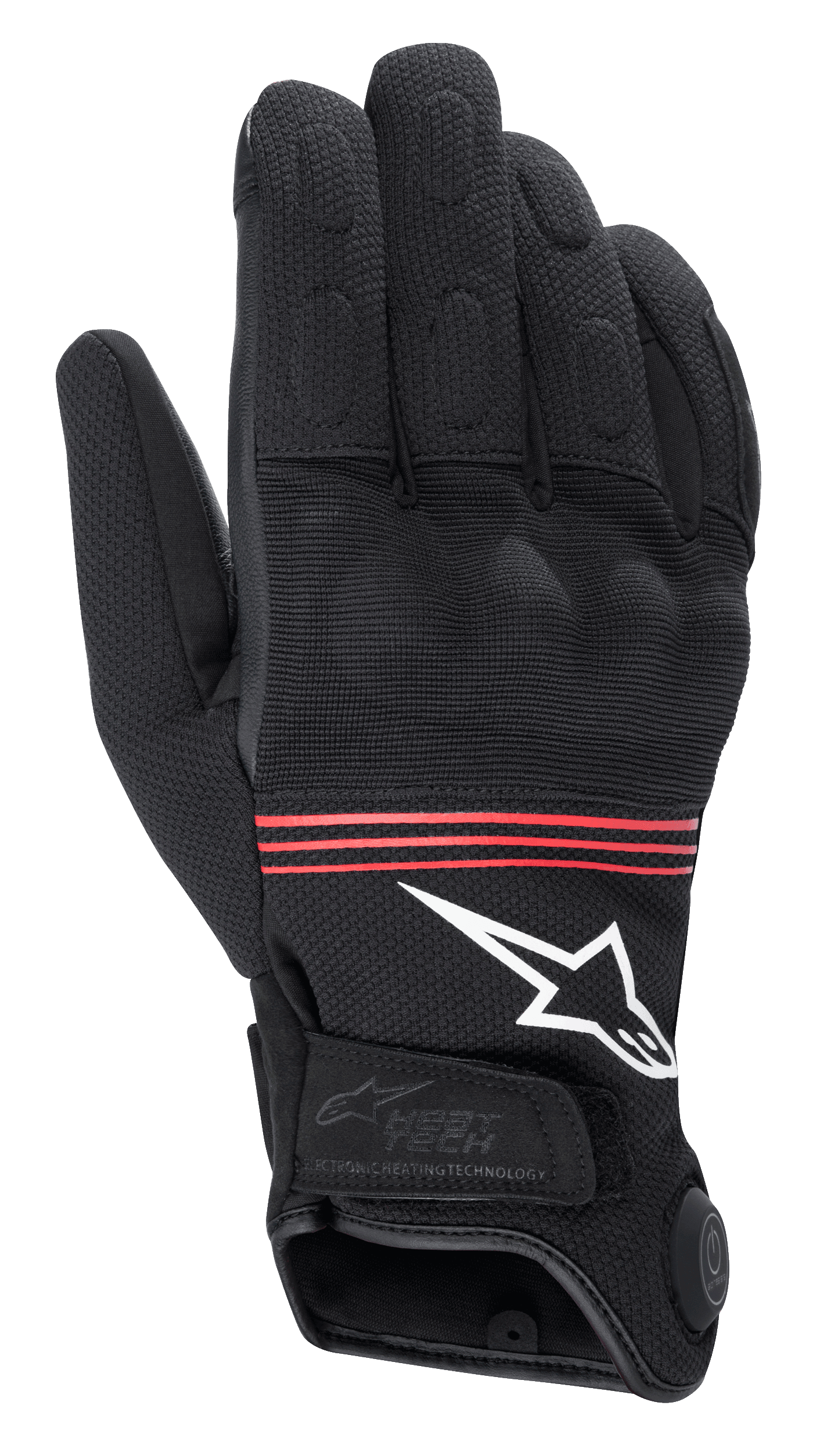 Alpinestars HT-3 Heat Tech Drystar® handschoenen, verwarmde motorhandschoenen, zwart met rode strepen en wit logo, voorzien van bedieningsknop voor elektronische verwarming op de manchet, versterkte knokkels, duurzame textielconstructie