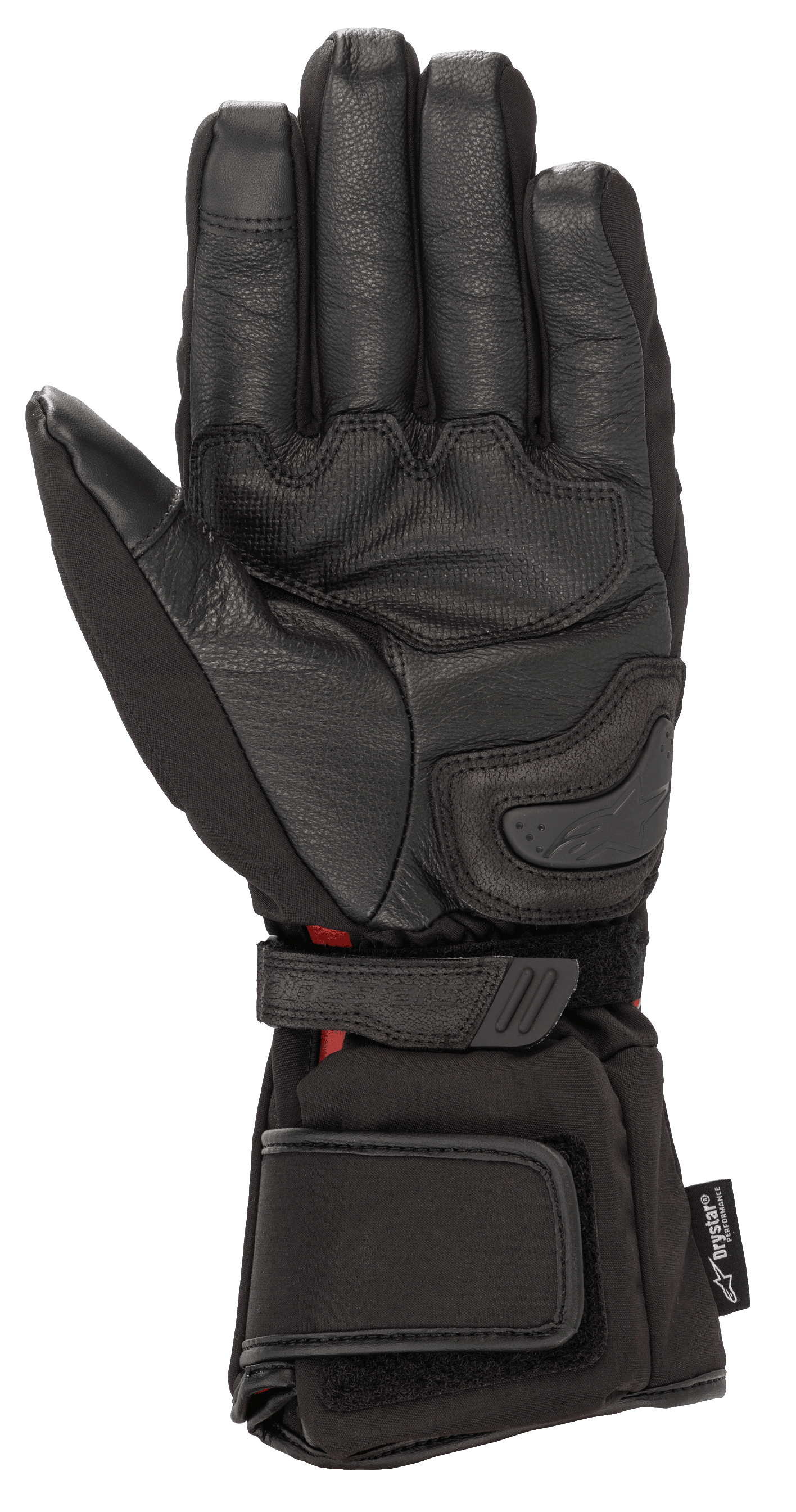 Alpinestars HT-5 Heat Tech Drystar® handschoenen, zwart, aanzicht van de handpalm, geitenlederen constructie, palm slider en verstelbare pols- en manchetbanden, waterdichte en verwarmde winter motor touring uitrusting