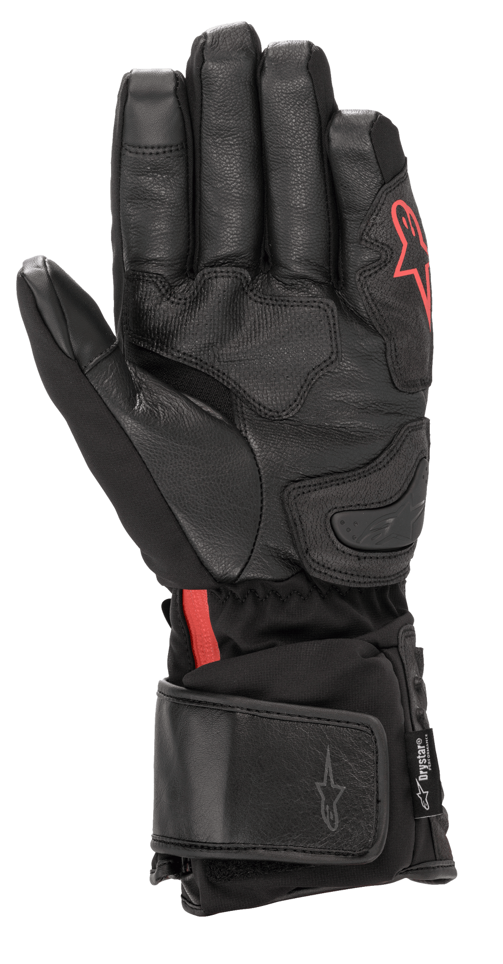 Alpinestars HT-7 Heat Tech Drystar® handschoenen, zwarte verwarmde motorhandschoenen, voorzien van lederen handpalm en softshell constructie met rood Alpinestars-logo, waterdichte Drystar® technologie en verstelbaar manchet voor rijden in koud weer