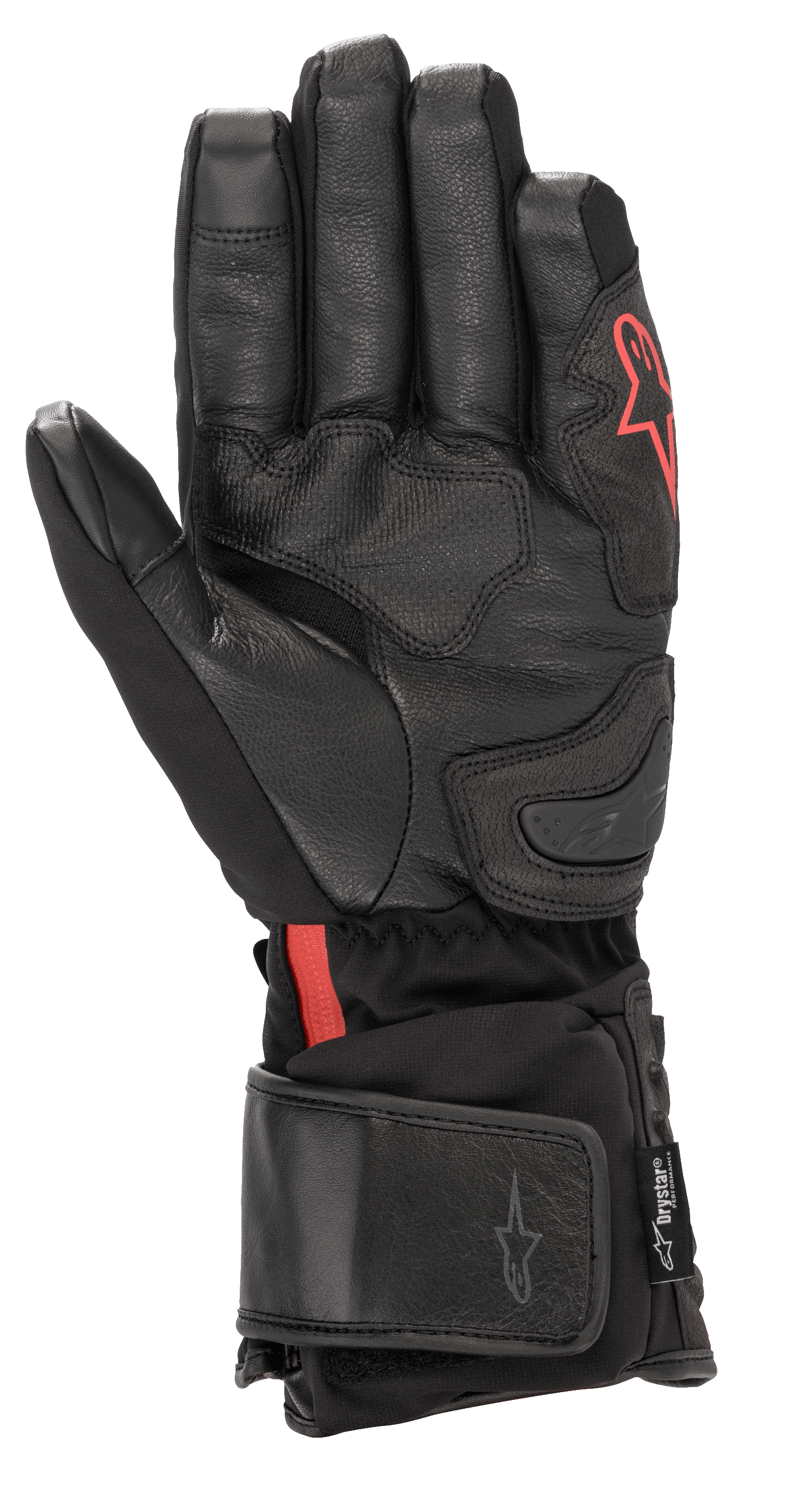 Alpinestars HT-7 Heat Tech Drystar® handschoenen, zwarte verwarmde motorhandschoenen, voorzien van lederen handpalm en softshell constructie met rood Alpinestars-logo, waterdichte Drystar® technologie en verstelbaar manchet voor rijden in koud weer