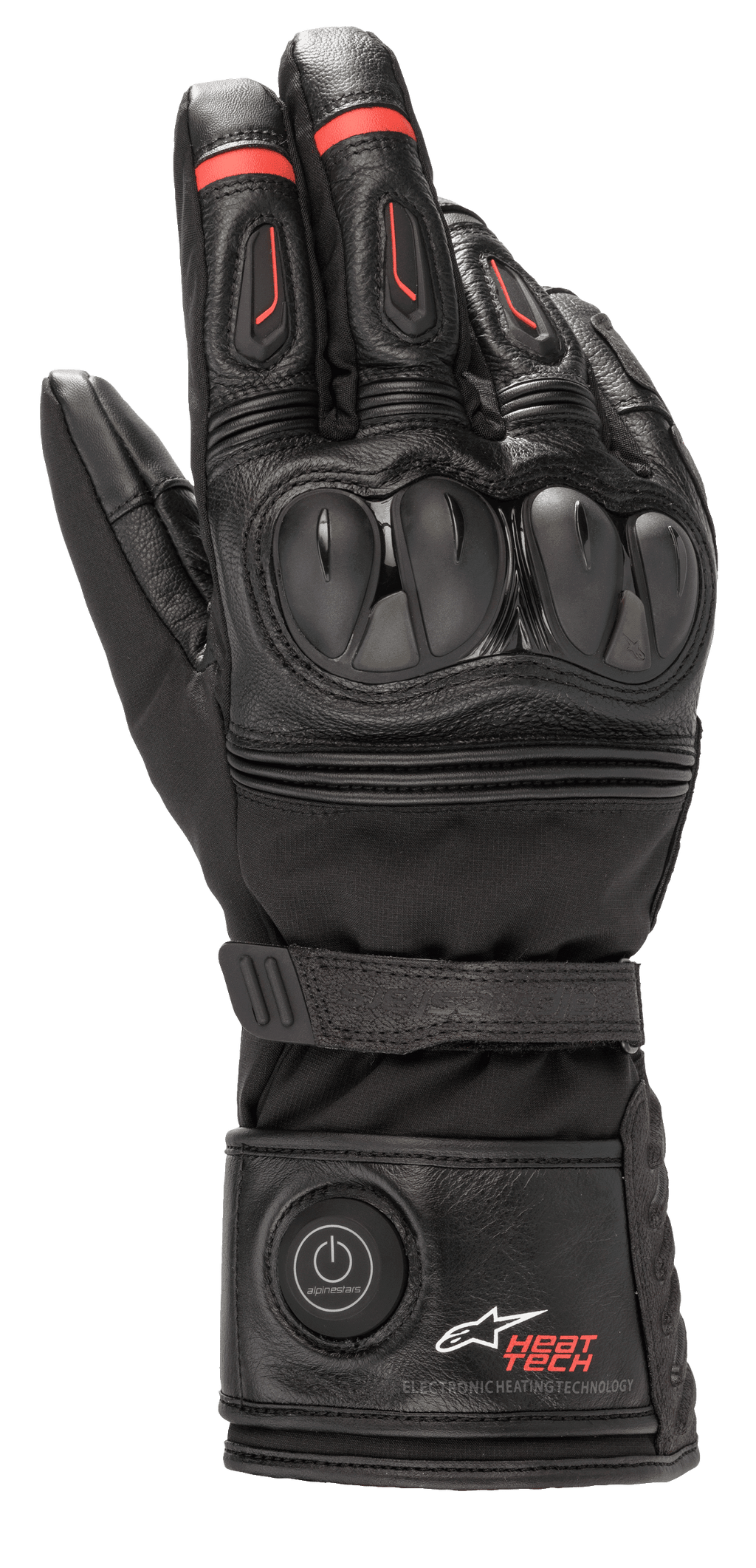 Alpinestars HT-7 Heat Tech Drystar motorhandschoenen, verwarmde motorhandschoenen, zwart met rode accenten, elektronisch Heat Tech-systeem met aan/uit-knop op de manchet, TPU-knokkelbescherming, waterdichte Drystar-technologie, constructie van leer en textiel
