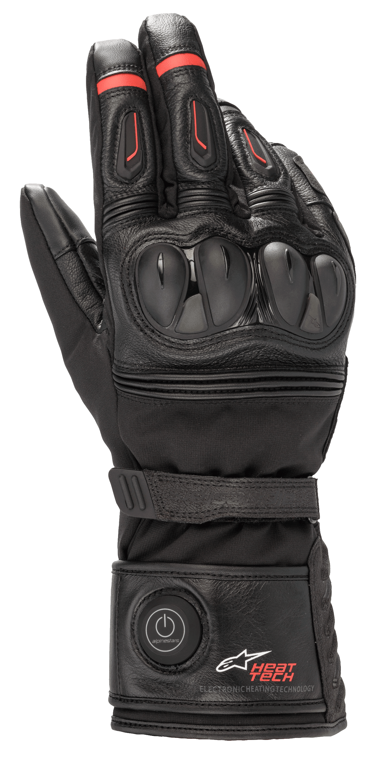 Alpinestars HT-7 Heat Tech Drystar motorhandschoenen, verwarmde motorhandschoenen, zwart met rode accenten, elektronisch Heat Tech-systeem met aan/uit-knop op de manchet, TPU-knokkelbescherming, waterdichte Drystar-technologie, constructie van leer en textiel