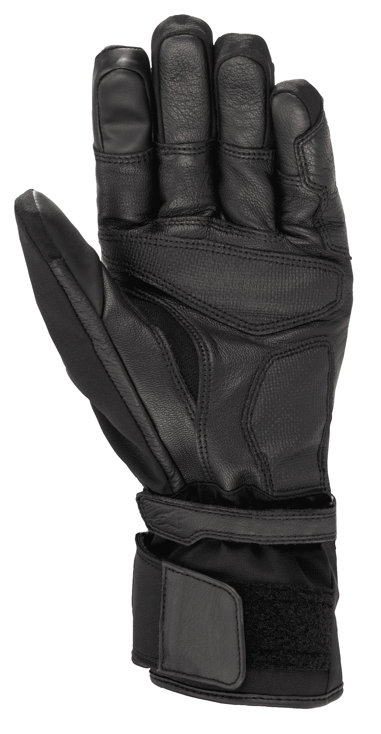 Alpinestars Range 2 In One GORE-TEX handschoen met Goregrip Tech, motorhandschoen, zwart, handpalmaanzicht met geitenleren constructie, versterkte gripzones en lange manchet met klittenbandsluiting voor een stevige pasvorm.