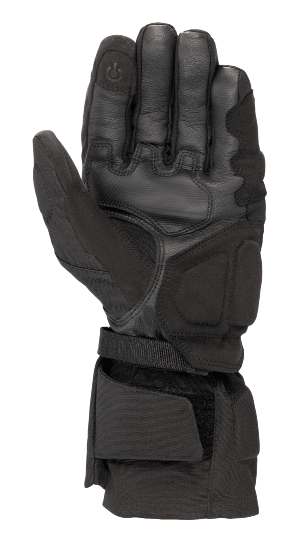 Alpinestars WR-X GORE-TEX handschoenen, zwarte motorwinterhandschoenen, aanzicht van de handpalm met lederen en synthetisch suède constructie, lange manchet met verstelbare band en geleidende, touchscreen-vriendelijke vingertop.