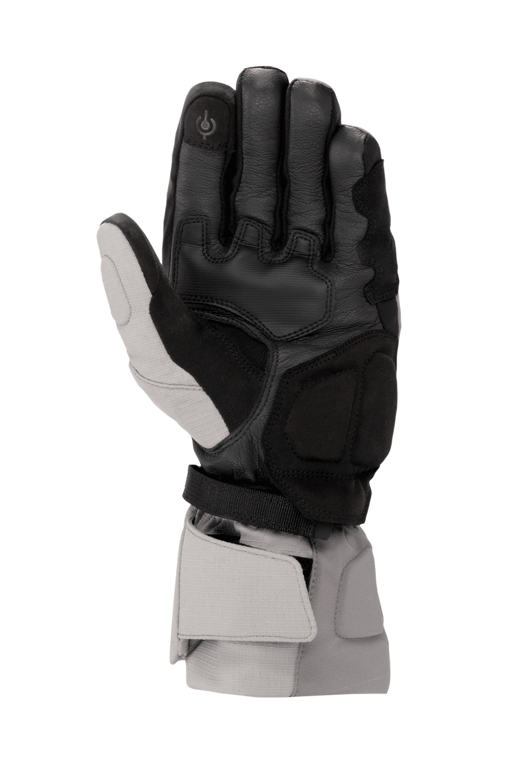 Alpinestars WR-X GORE-TEX handschoenen, winter motorhandschoenen, donkergrijs, ijsgrijs en zwart, weergave van de handpalm met leren constructie, versterkingen van synthetisch suède, touchscreen-compatibele wijsvinger en lange manchet voor bescherming tegen weersinvloeden