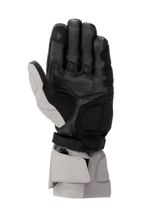 Alpinestars WR-X GORE-TEX handschoenen, winter motorhandschoenen, donkergrijs, ijsgrijs en zwart, weergave van de handpalm met leren constructie, versterkingen van synthetisch suède, touchscreen-compatibele wijsvinger en lange manchet voor bescherming tegen weersinvloeden