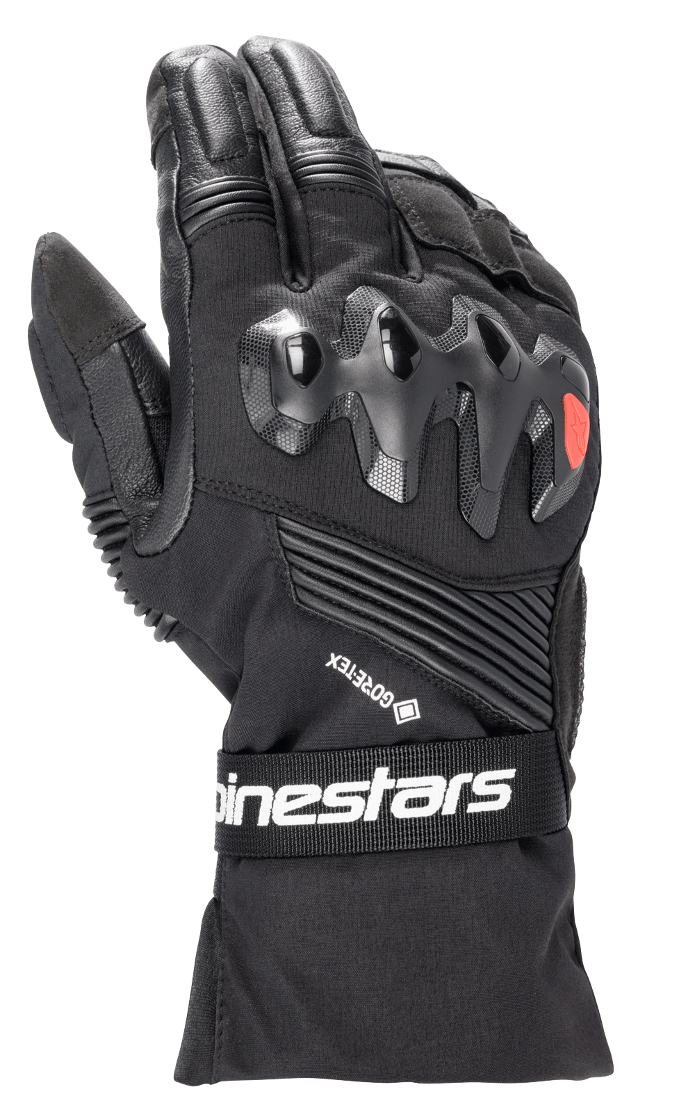 Alpinestars Boulder GORE-TEX motorhandschoenen, zwarte motorhandschoenen, harde knokkelbescherming met rood logo, GORE-TEX-branding, accordeon stretchpanelen, polsband met witte Alpinestars-branding, duurzame constructie van textiel en leer