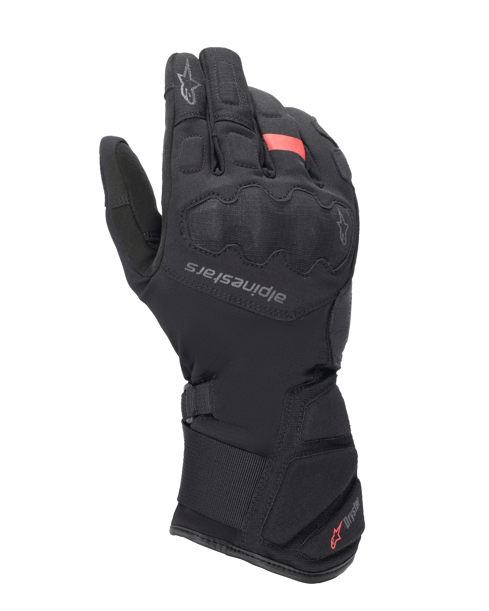Alpinestars Tourer W-7 V2 Drystar motorhandschoenen, winter touring-motorhandschoenen, zwart met rode accenten, voorzien van verstevigde knokkelbescherming, Alpinestars-logo op de handrug, lange verstelbare manchet met Drystar-branding