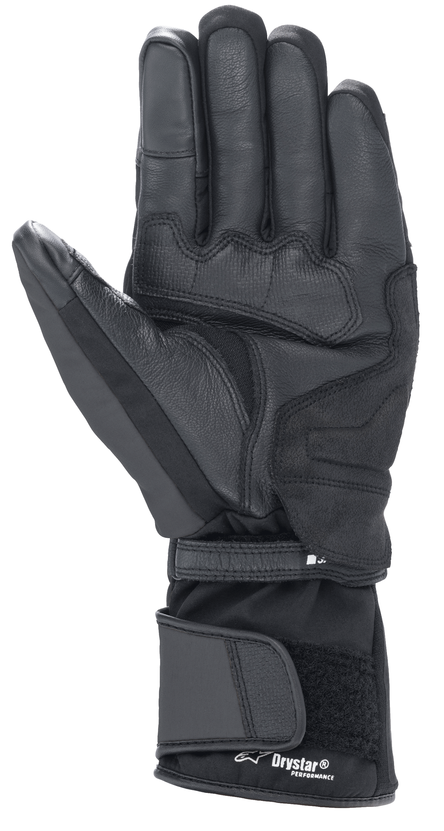 Alpinestars Denali Aerogel Drystar® Gloves, Black, palm view featuring reinforced material panels, textured grip on fingers, and adjustable long cuff with Drystar® Performance branding, winter motorcycle gear for adventure touring