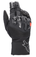 Alpinestars Bogota Drystar XF handschoenen, lange motor touring handschoenen, zwart met een rood logo-accent, voorzien van over-geïnjecteerde knokkelbescherming, geribbelde stretchpanelen op de pols en een lange manchet met een grijs sterlogo.