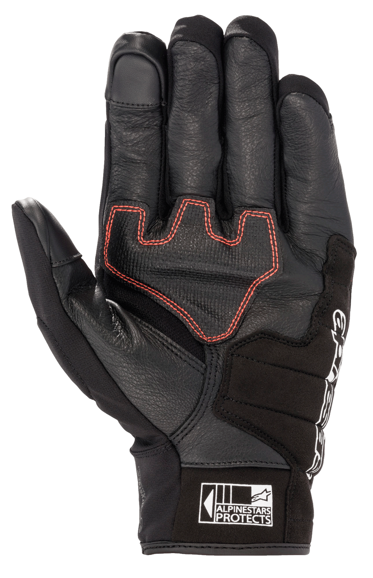 Alpinestars Honda SMX Z Drystar® handschoen, motorhandschoen met kort manchet, zwart met felrode geometrische stiksels op de handpalm, geitenlederen constructie met suède versterkingen, voorzien van touchscreen-compatibele vingertoppen en Alpinestars Protects-logo op de manchet.