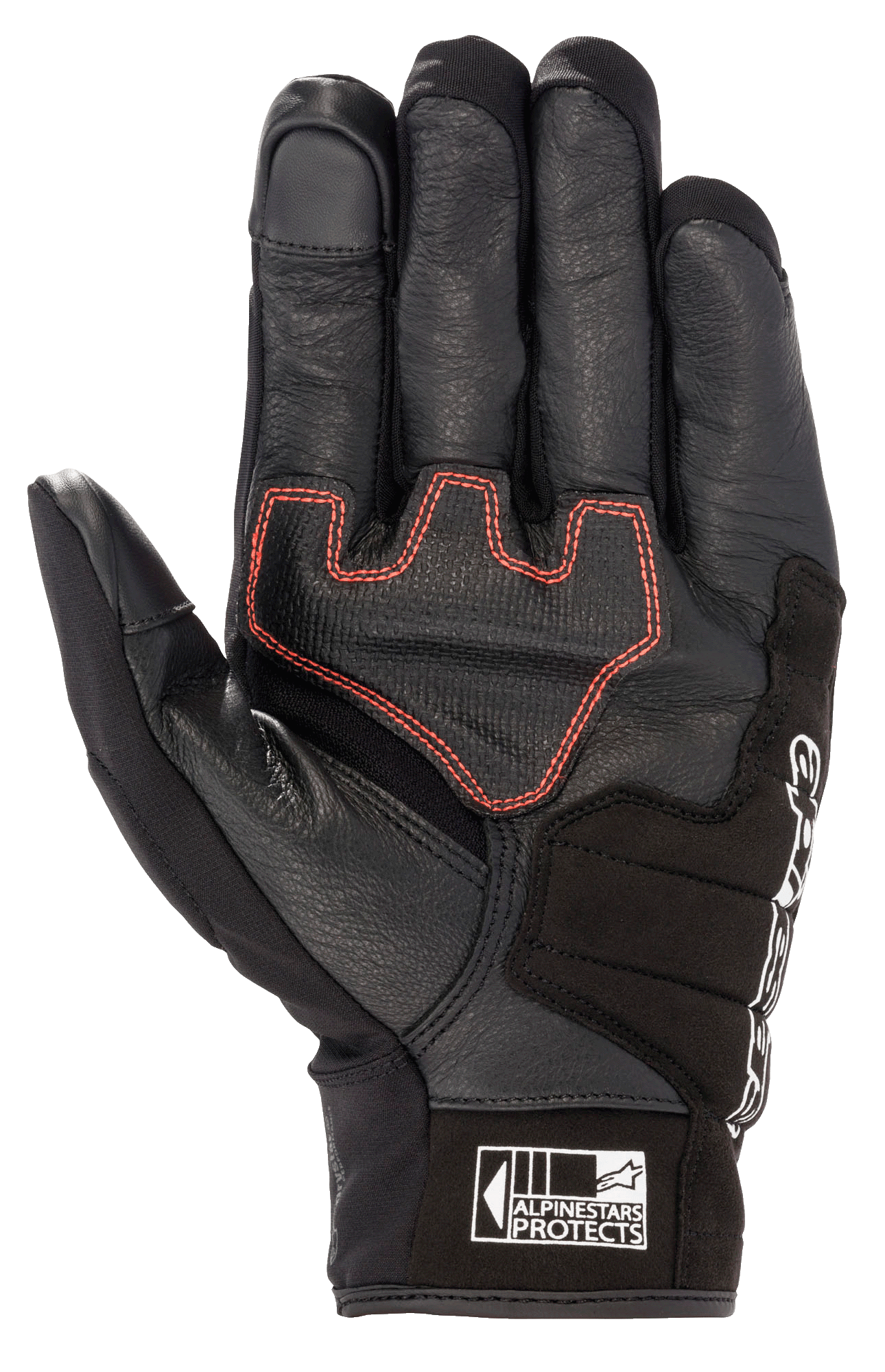 Alpinestars Honda SMX Z Drystar® handschoen, motorhandschoen met kort manchet, zwart met felrode geometrische stiksels op de handpalm, geitenlederen constructie met suède versterkingen, voorzien van touchscreen-compatibele vingertoppen en Alpinestars Protects-logo op de manchet.